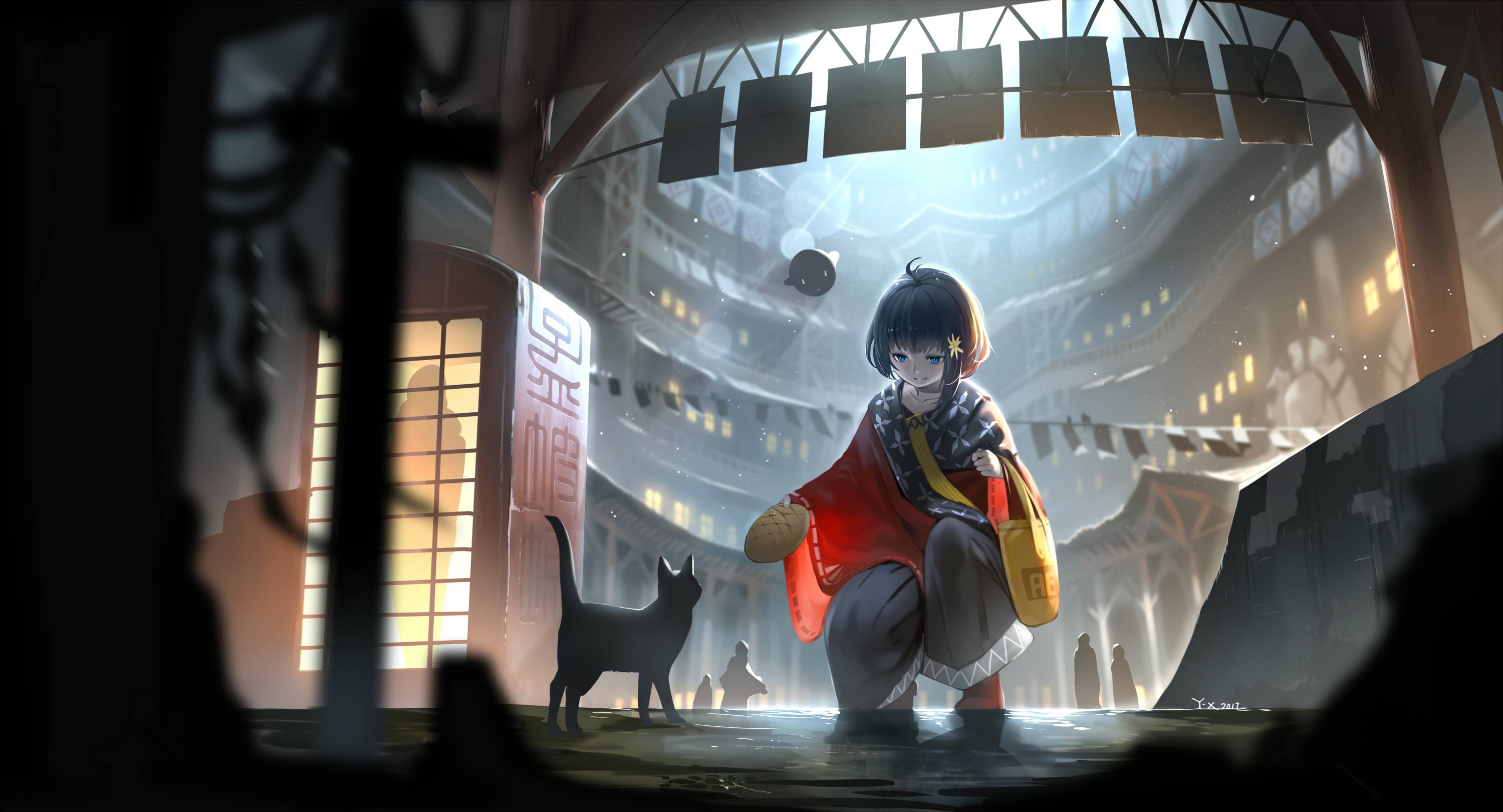 3000x1621 Anime Original Blue Eyes Short Hair Girls With Cat Wallpaper, HD Anime 4K Wallpaper, Image, Photo and Background