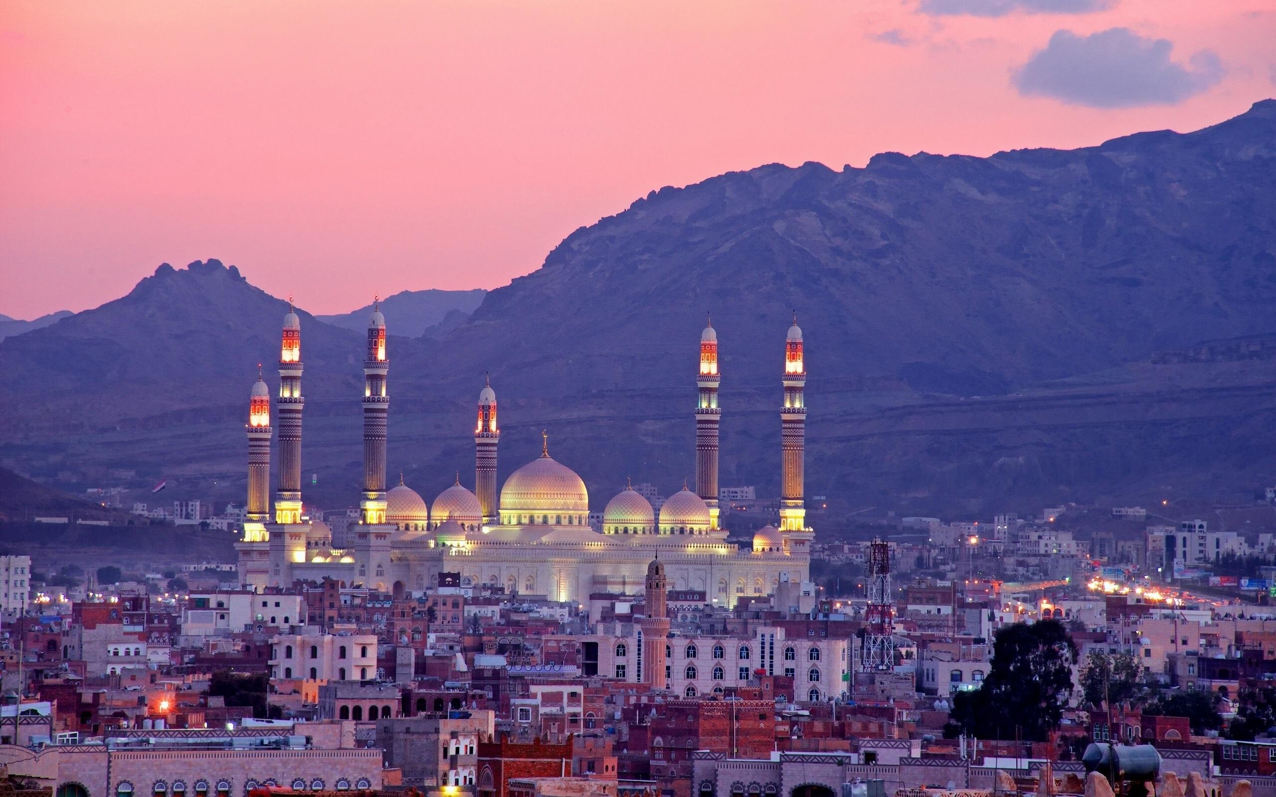 2560x1600 Wallpaper Sanaa, Yemen, mountains, buildings, night 2560x1600 HD Picture, Image