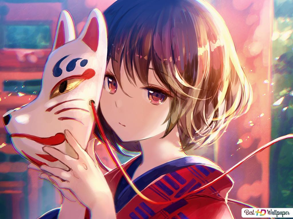 1024x768 Anime Girl Fox Mask HD wallpaper download