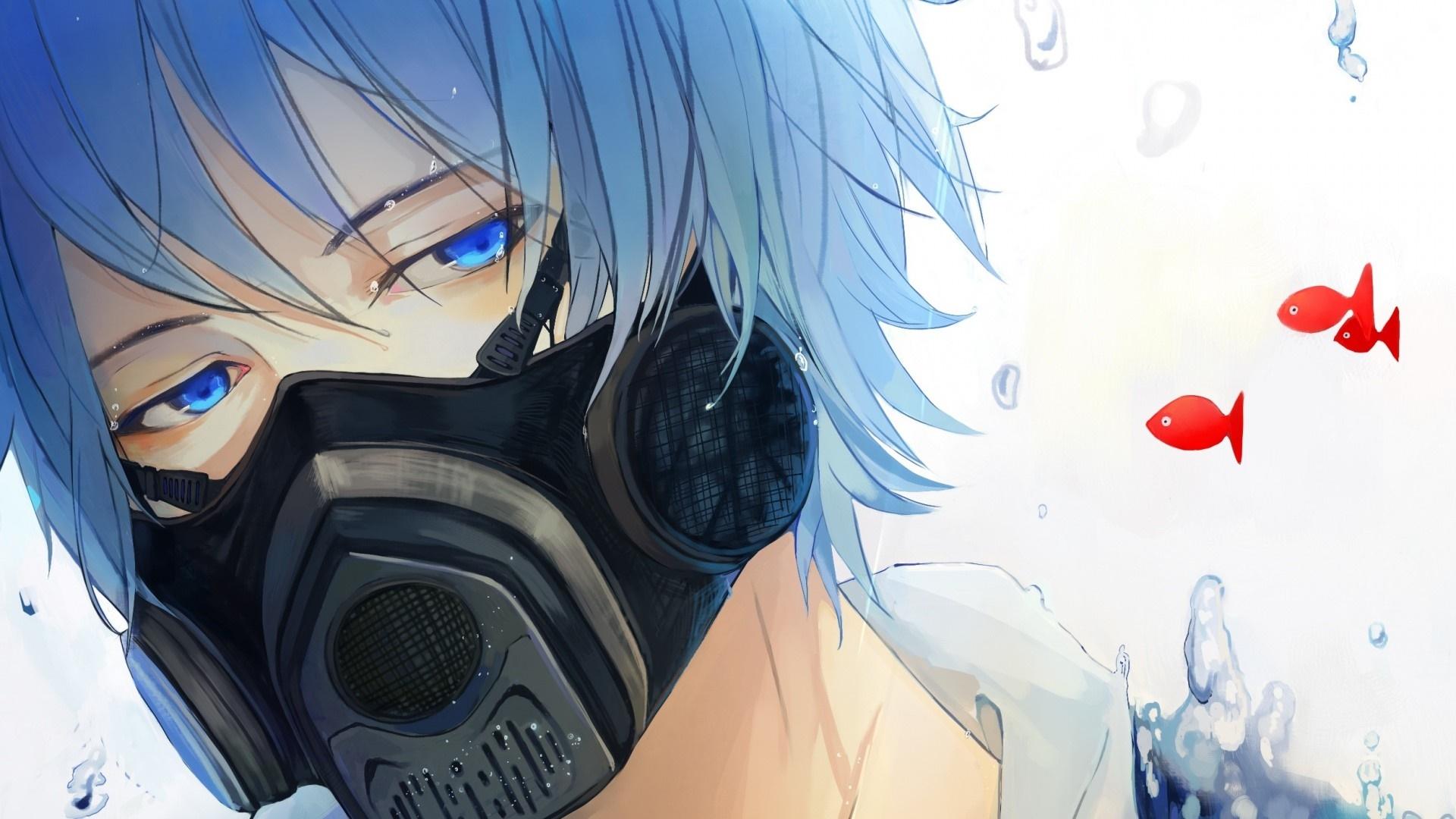 1920x1080 #anime, #Vocaloid, #blue eyes, #gas masks, #Kaito wallpaper HD Wallpaper