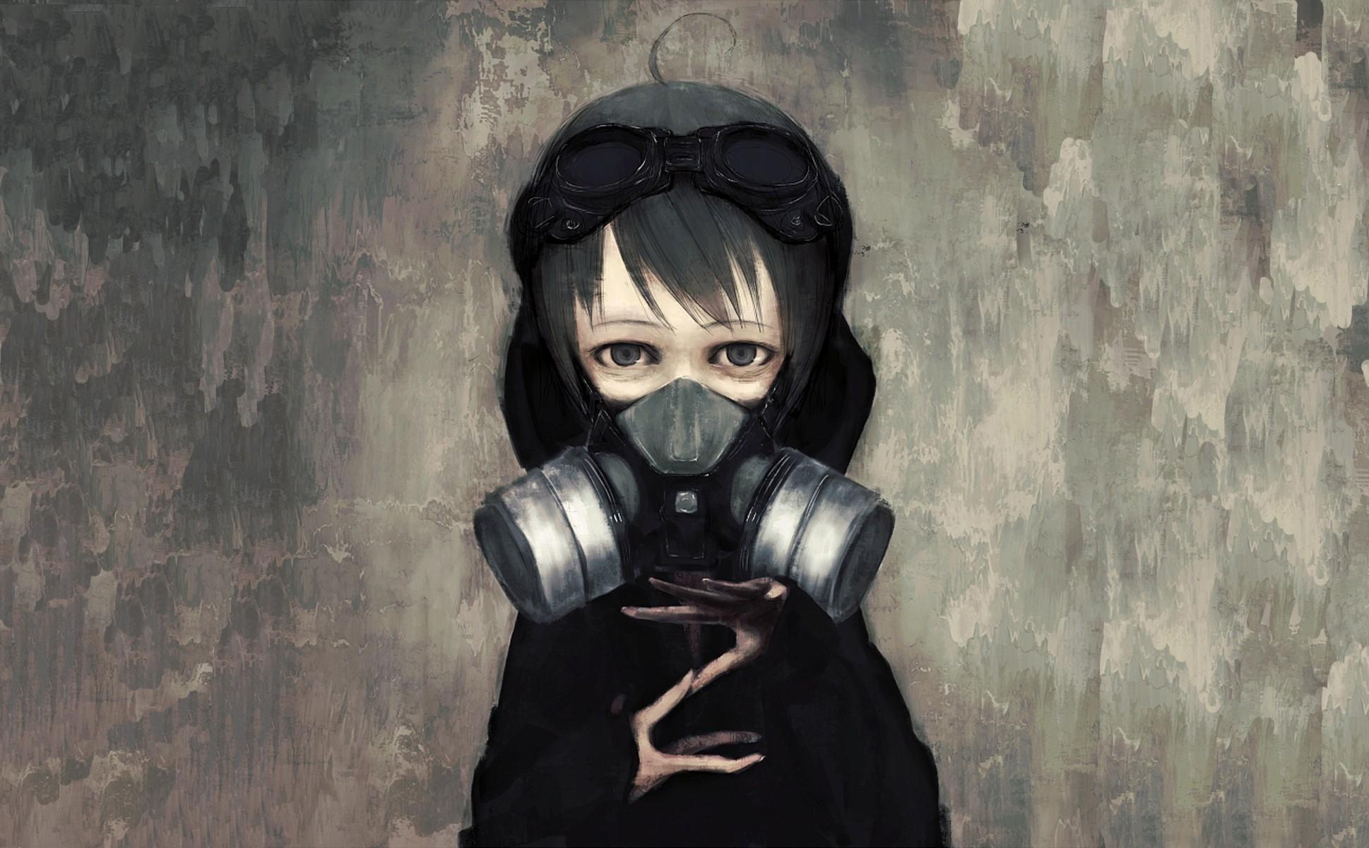 1938x1200 glasses gas masks artwork anime girls