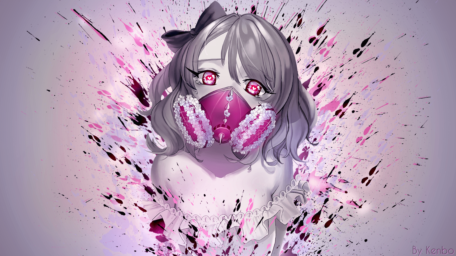 1920x1080 Women Anime Girls Gas Masks Anime Pink Eyes Pink Paint Splatter Splatter