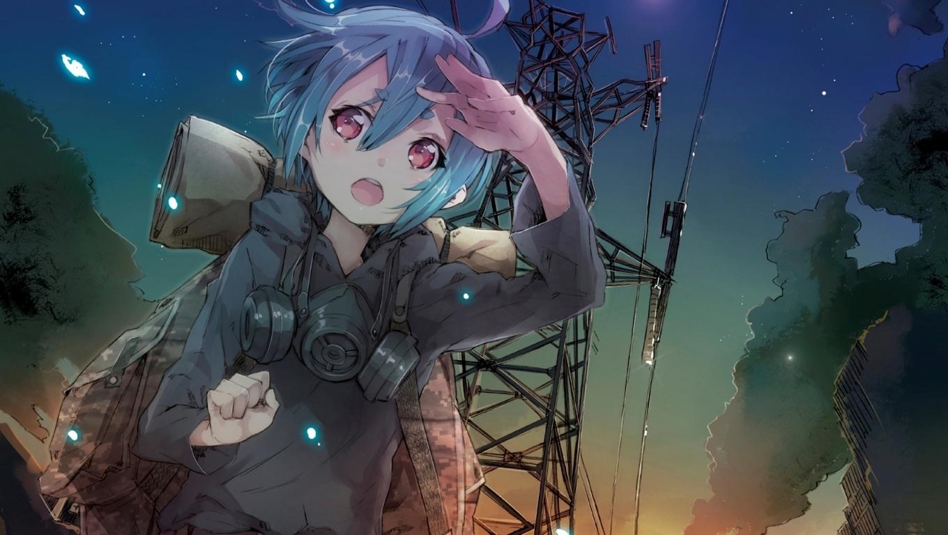 1360x768 Wallpaper Anime Girl, Aqua Short Hair, Gas Mask:1920x1080