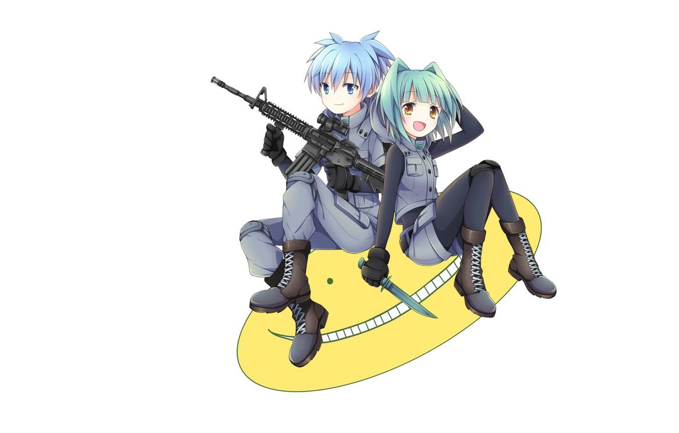 1332x850 Wallpaper smile, shoes, machine, white background, dagger, blue hair, art, military uniform, sitting, The class assassins, Ansatsu Kyoushitsu, Koro Sensei, the guy with the girl, Nagisa Shiota, Soranagi, Kayano Kaede image for