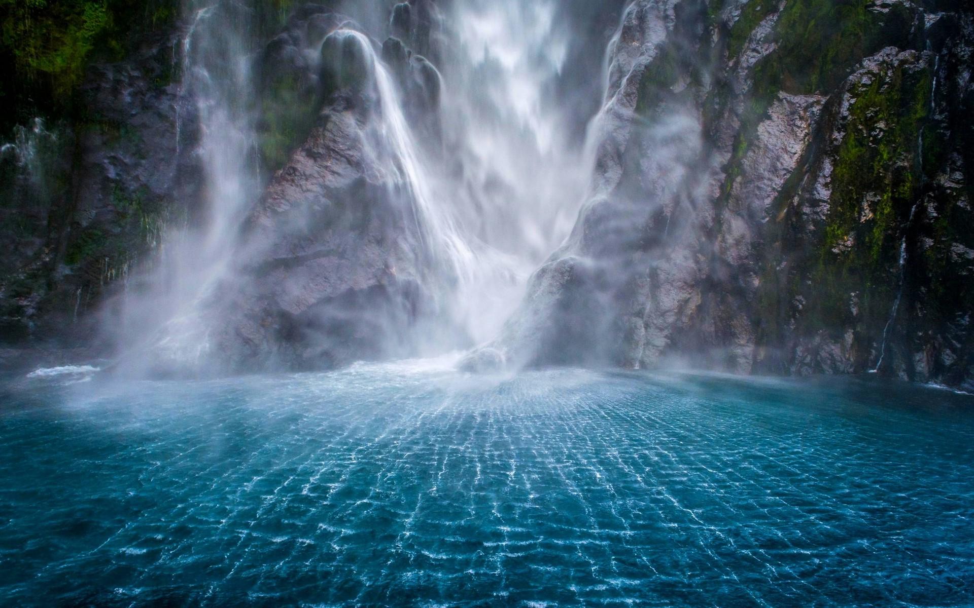 1920x1200 landscape waterfall mountain moss milford sound nature new zealand cliff fjord sea mist water blue white wallpaper