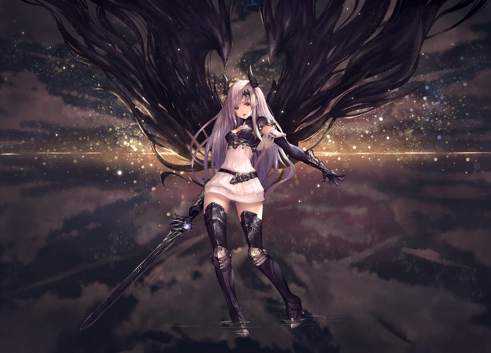 2000x1437 Wallpaper Anime Girl, Black Magic, Black Sword, White Hair, Demon, Horns, Gloves:2000x1437