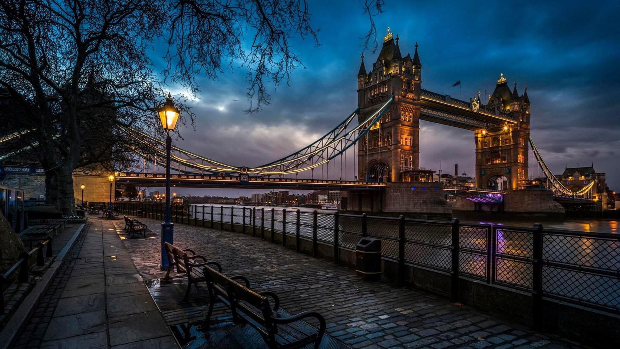 2048x1152 Wallpaper Evening, Europe, Tower Bridge, London, Lighting • Wallpaper For You