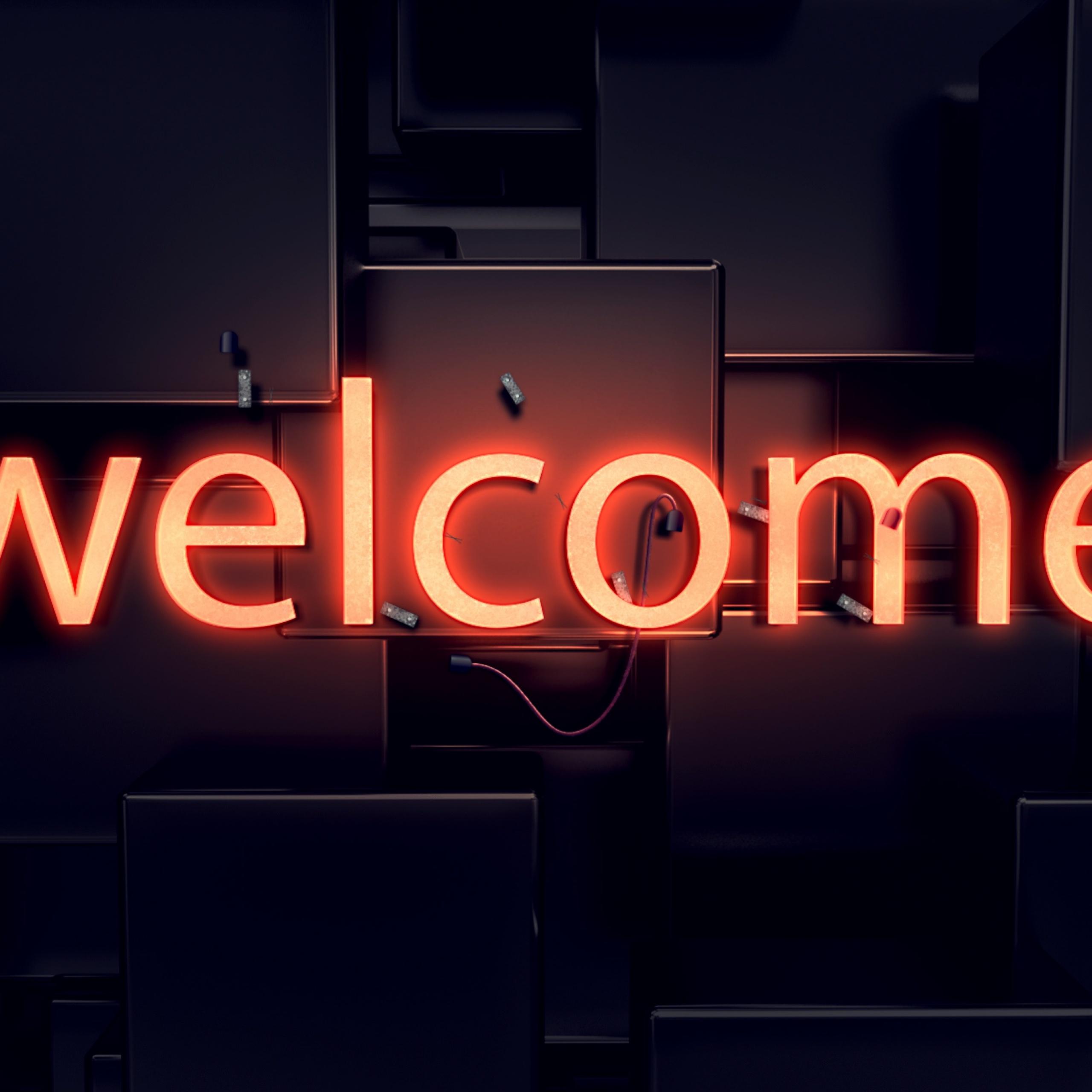2560x2560 Welcome Wallpaper 4K, Neon Glow, Dark Background, Glowing, Black Dark