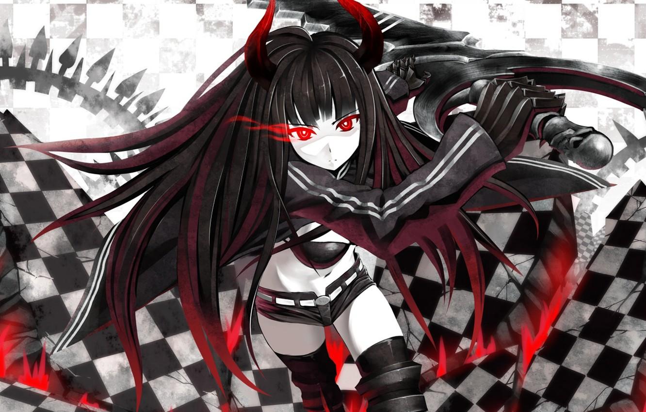 1332x850 Wallpaper girl, sword, art, horns, black rock shooter, glowing eyes image for desktop, section прочее