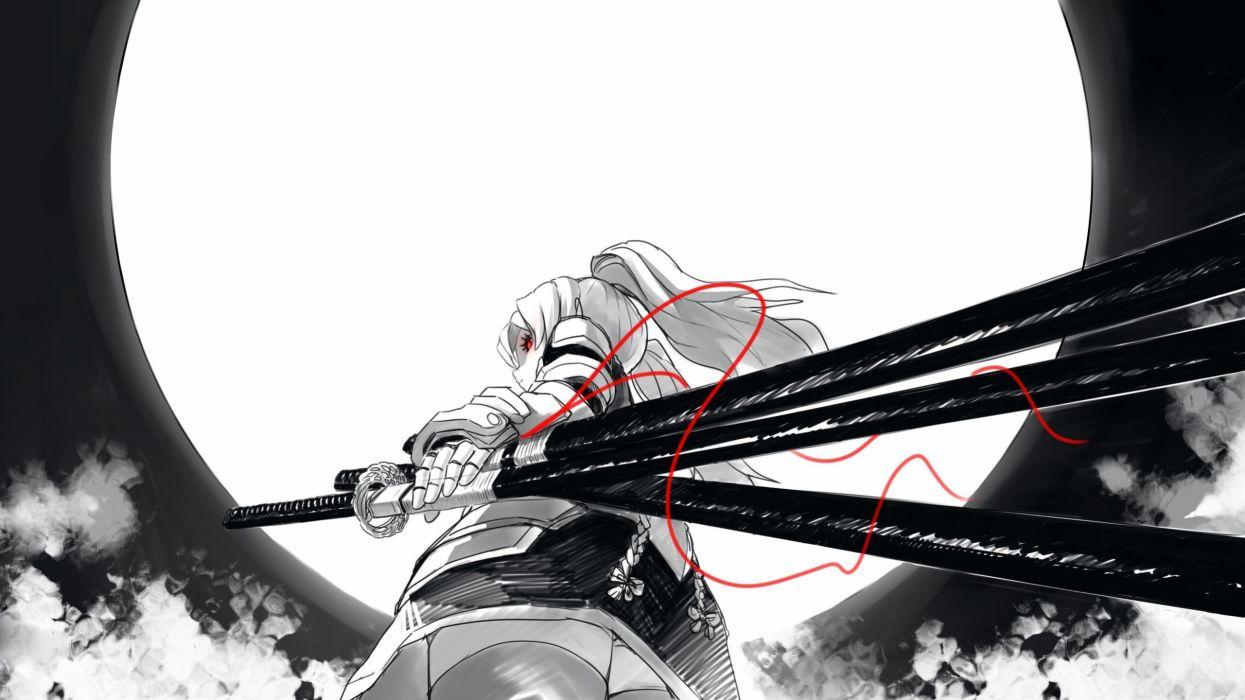 1245x700 Anime Girls Armor Black And White Clouds Fkey Glowing Eyes Grayscale Katana Long Hair Looking Back Low Angle Shot Moon Original Characters Red Eyes Wallpaperx1440