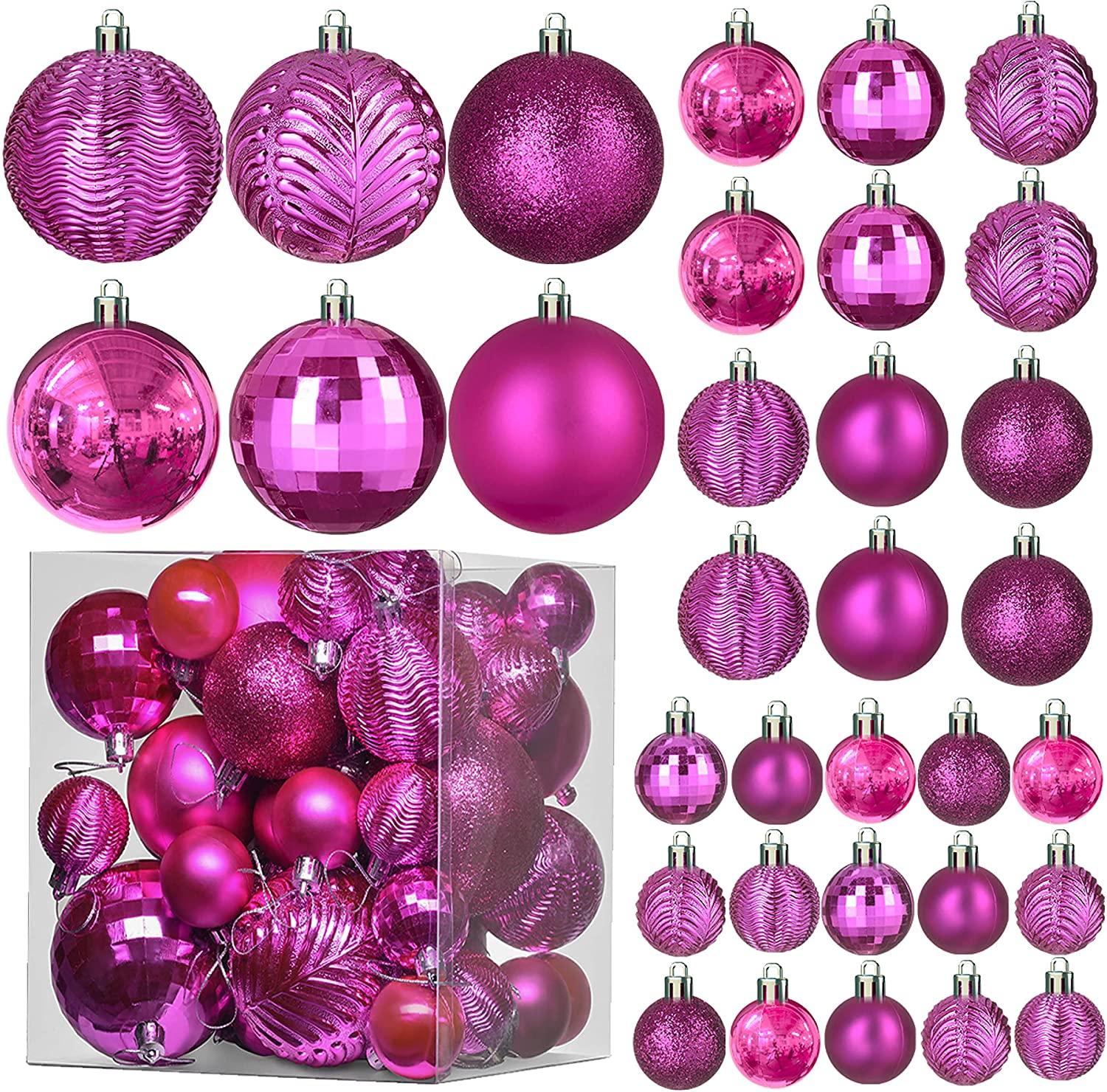 1500x1480 Fuchsia Christmas Ball Ornaments Decorations Pieces Xmas Tree Shatterproof Ornaments with Hanging Loop for Holiday and Party Decoration (Combo of 6 Styles in 3 Sizes)