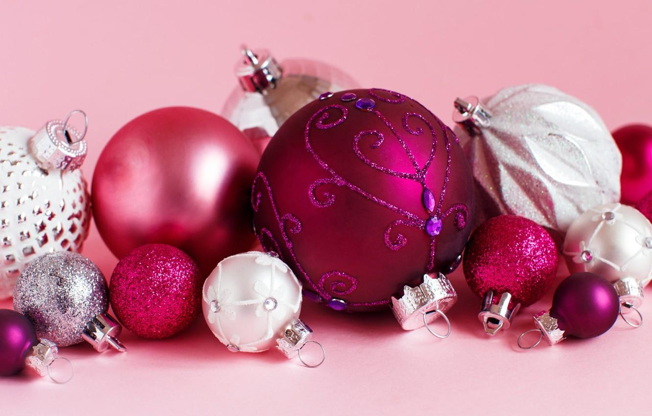 1332x850 Wallpaper winter, balls, holiday, balls, toys, Christmas, small, New year, pink, white, ornament, large, pink background, a lot, different, lilac image for desktop, section новый год