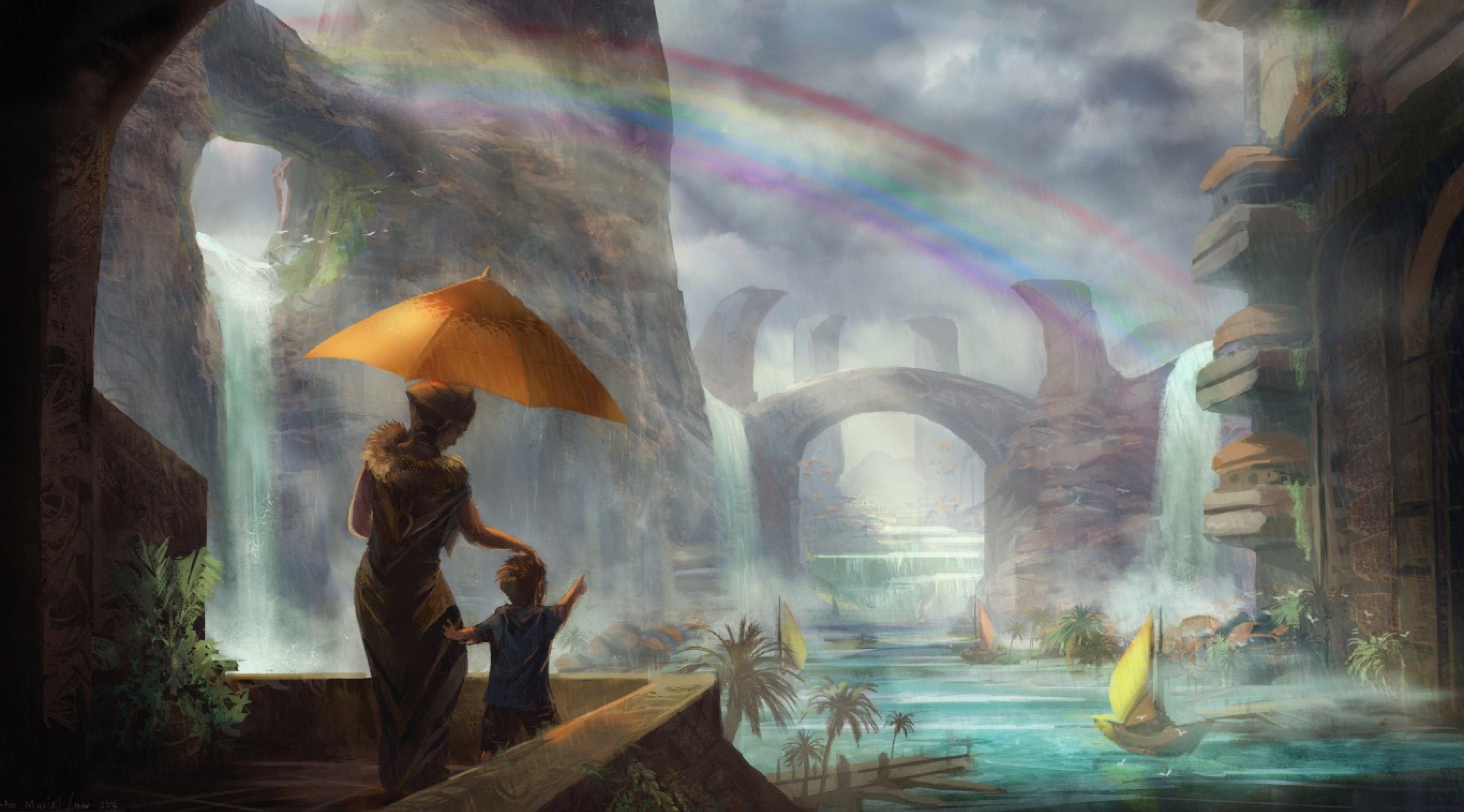 3604x2000 art, orange, umbrella, rainbow, woman, samuel mukiri, mother, fantasy, water, ship, child, blue