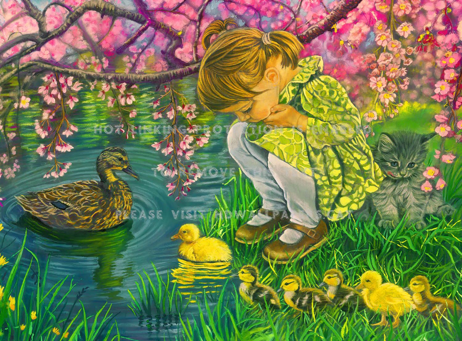 1500x1107 mother's love lake painting tree duckling
