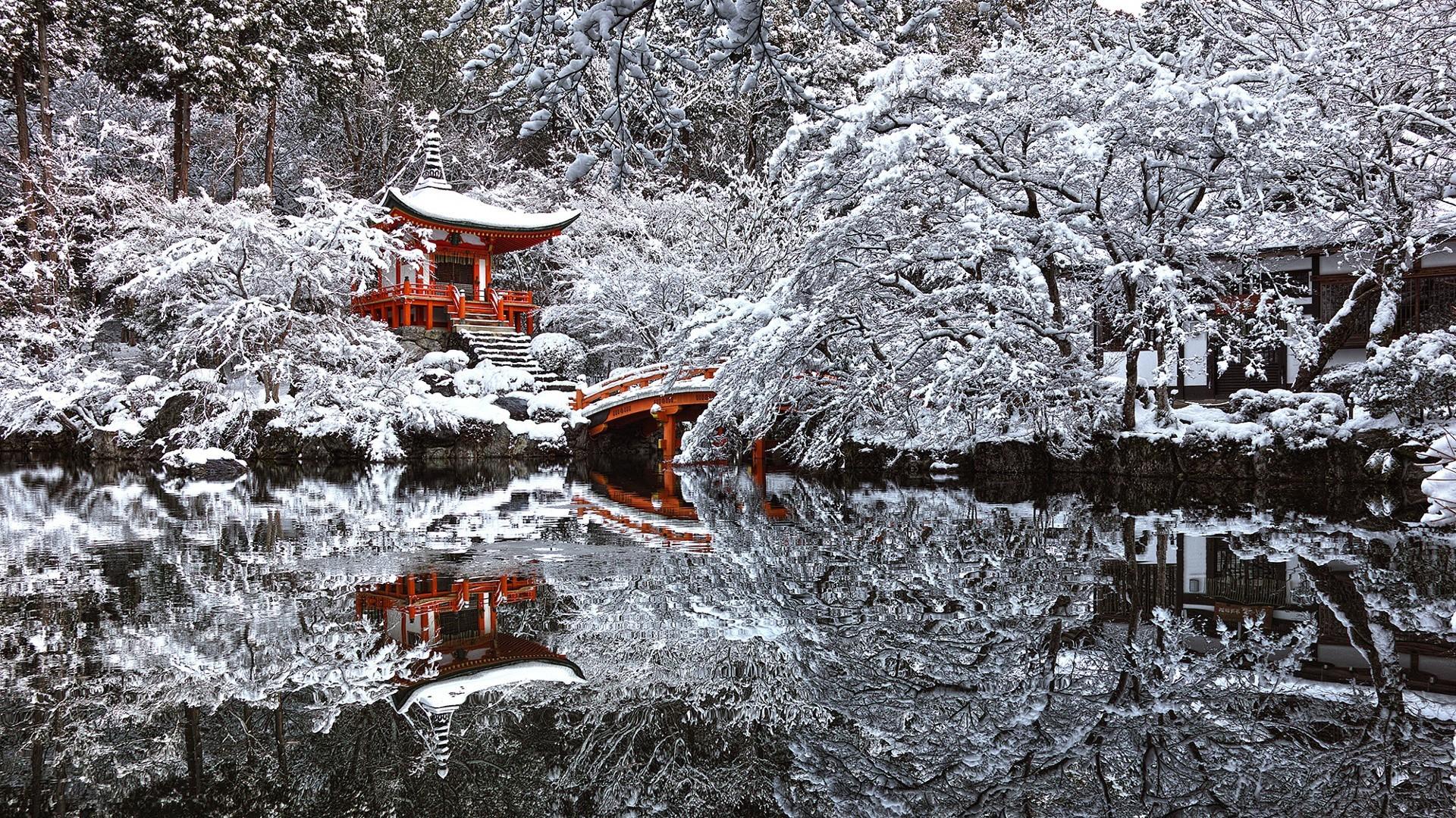1920x1080 Japan, Temple, Snow, Winter, Reflection, Pond, Kyoto Winter Wallpaper HD