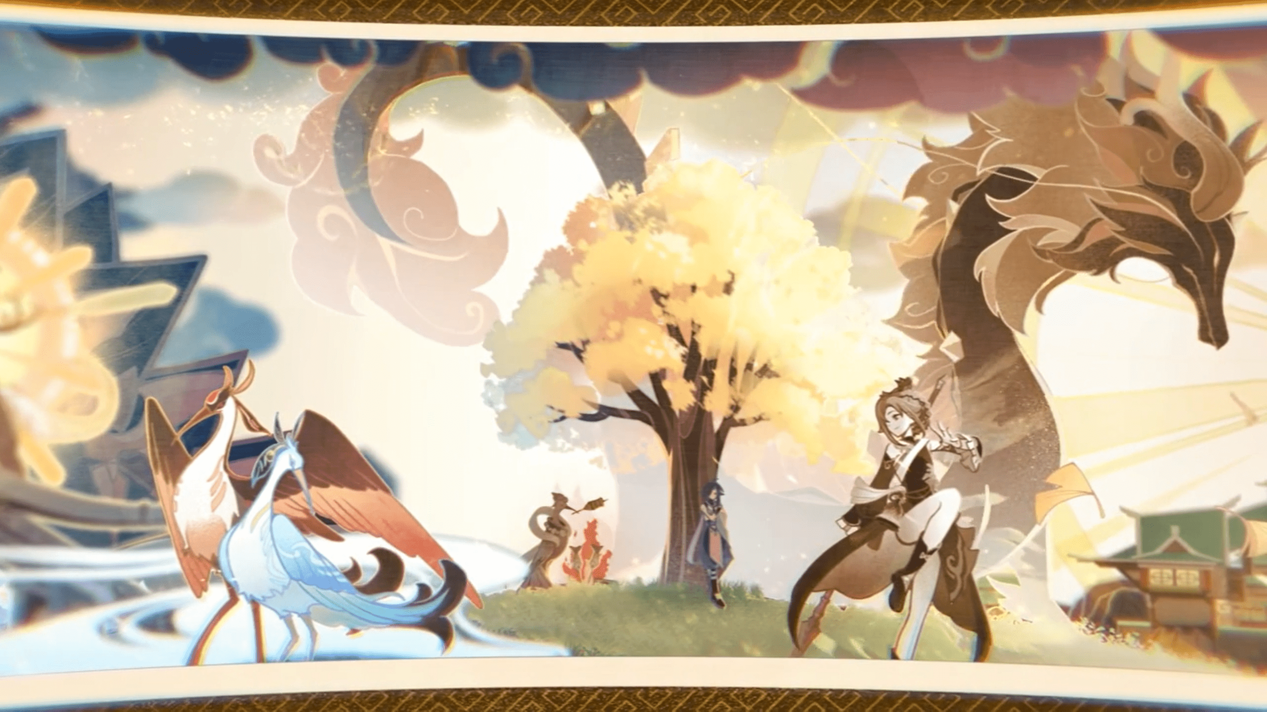 2560x1440 So If Yelan Is On The Right, And Both The Birds Are On The Left, IS THAT SHENHE BIRD FORM COOKING UNDER THE TREE?