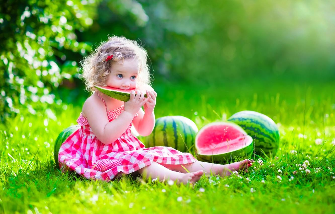 1332x850 Wallpaper summer, the sun, glade, child, watermelon, dress, girl, summer, happy, dress, beautiful, pretty, child, baby, little girl, watermelon image for desktop, section настроения