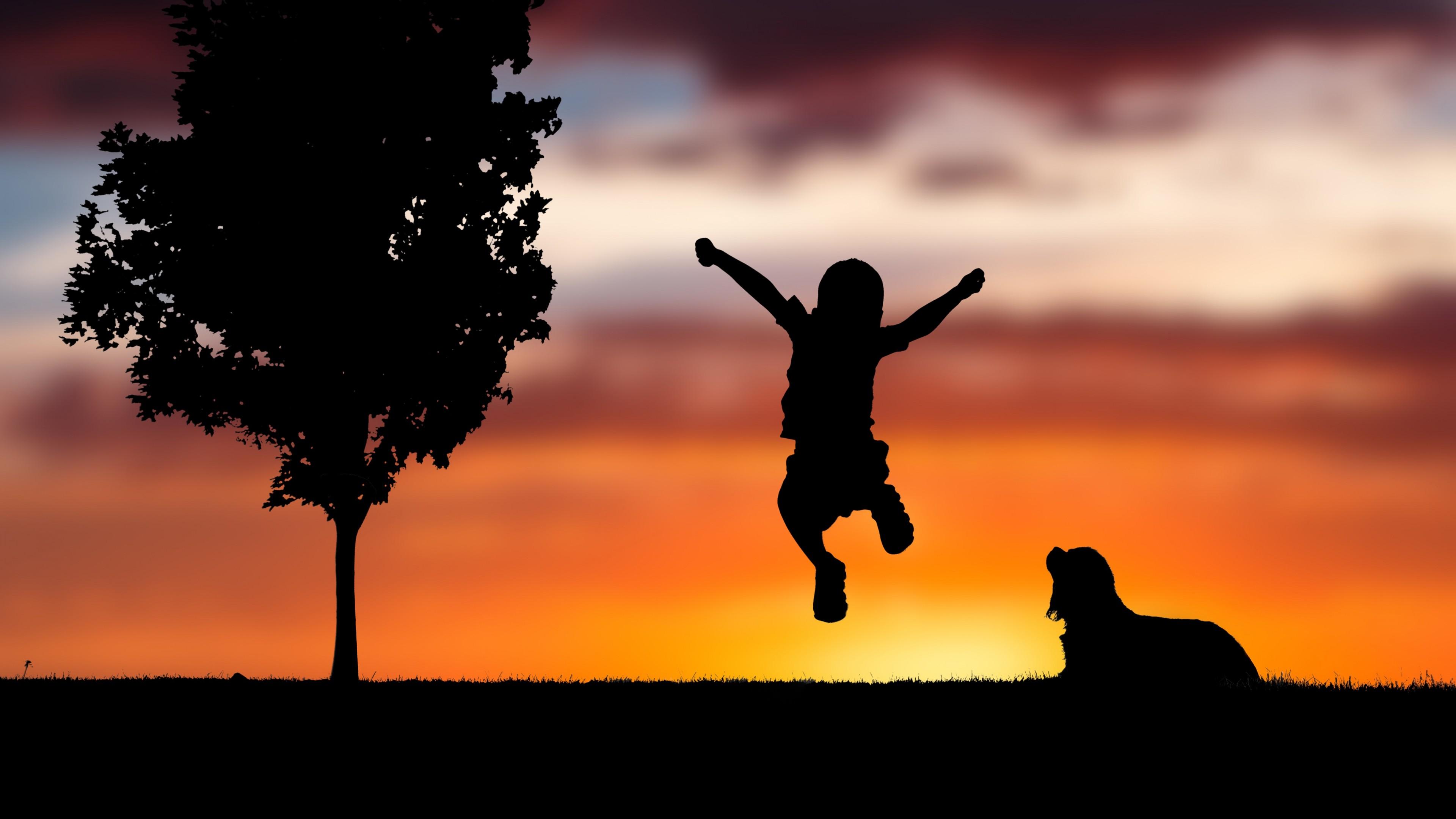 3840x2160 Sunset Happy Child Silhouette 4K Wallpaper