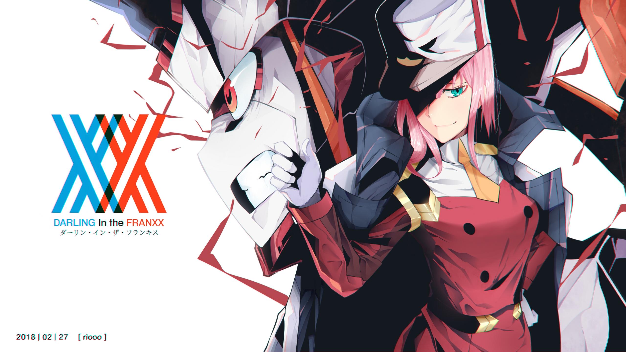 2560x1440 darling in the franxx dress green eyes hat logo long hair mecha pink hair riooo uniform watermark zero two wallpaperx1440