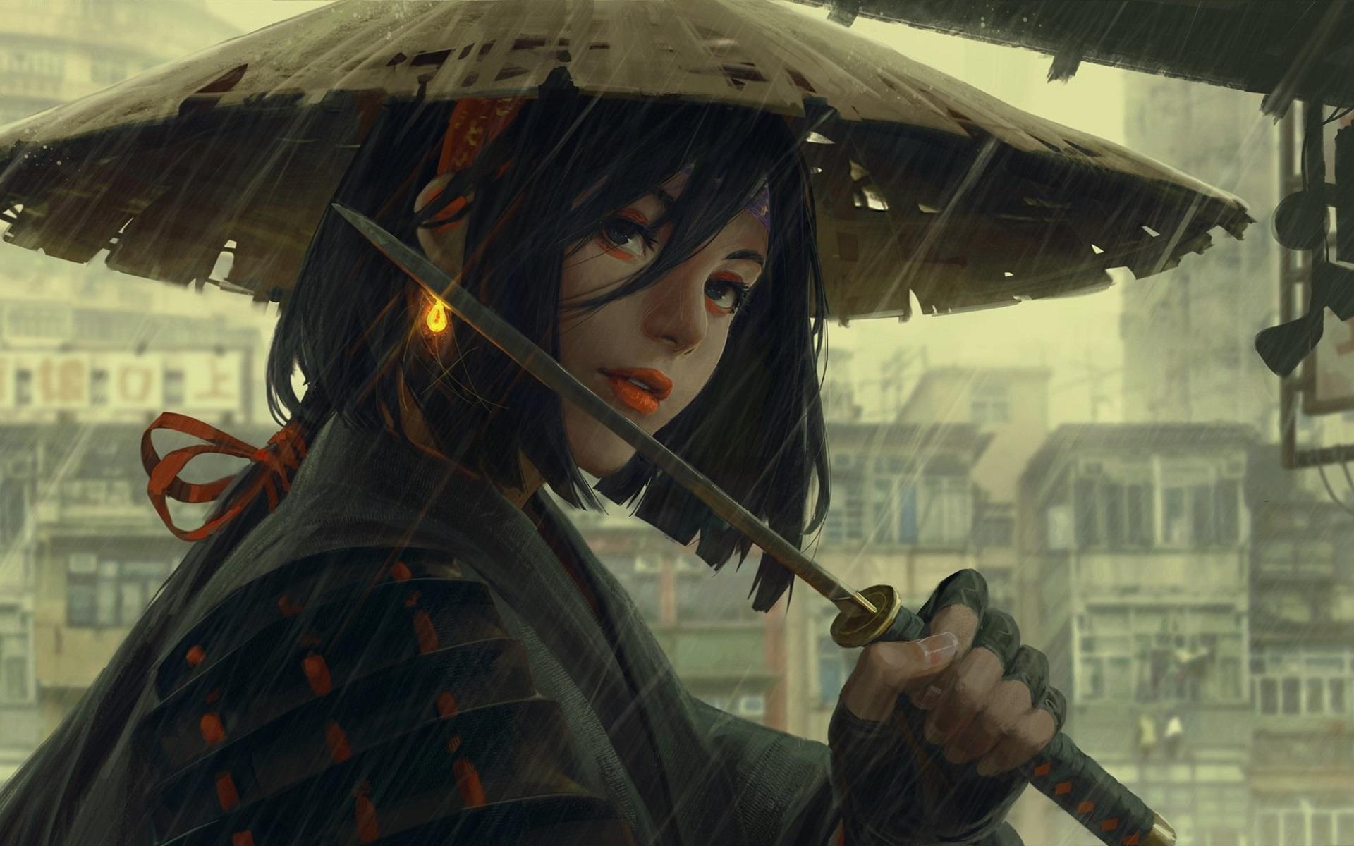 1920x1200 Wallpaper Japanese girl, hat, rain, sword, art painting 1920x1200 HD Picture, Image