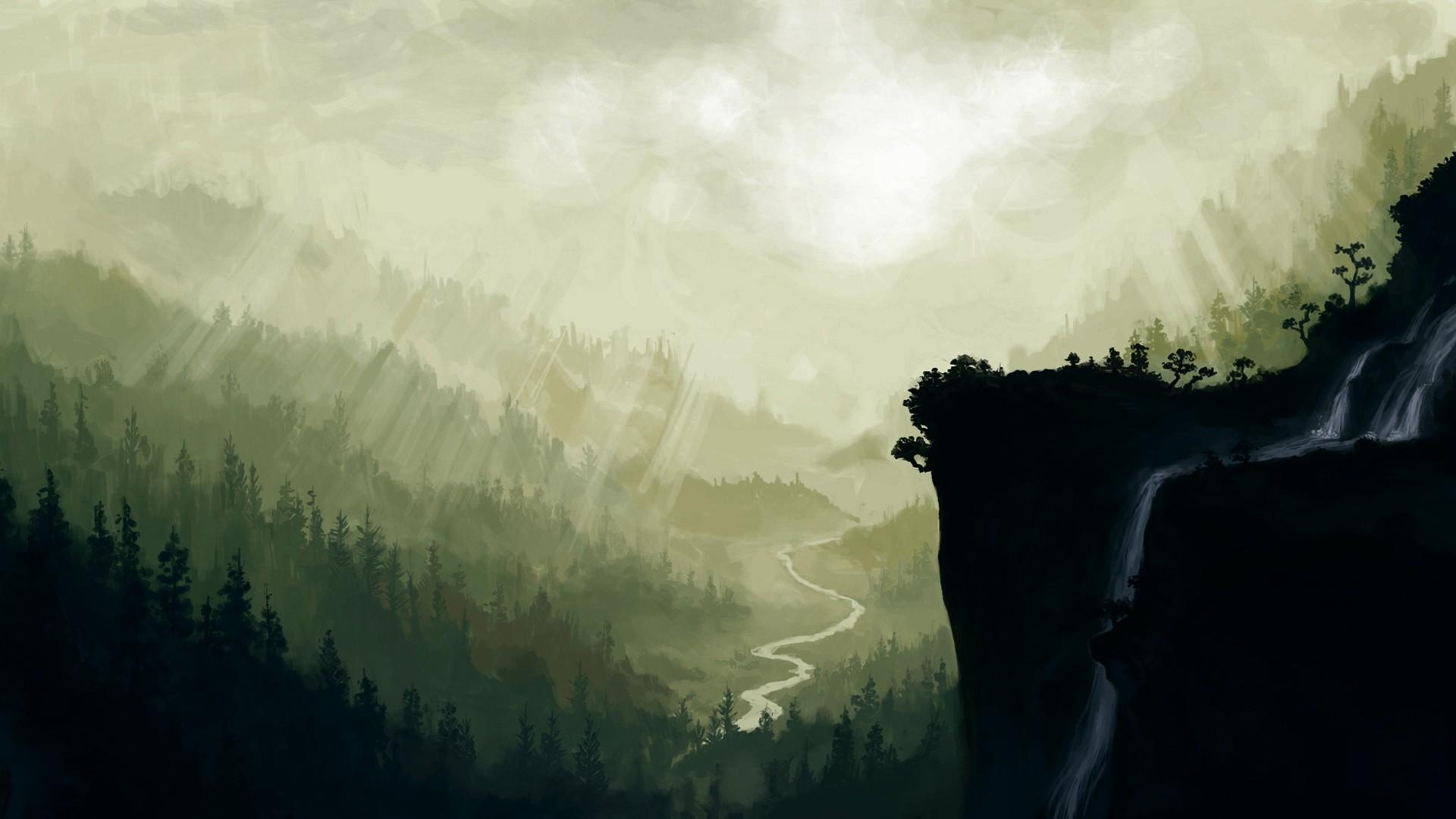 1920x1080 Landscape Drawing Waterfall Abstract Digital Art Nature Japan Forest Mountains Asia River Japanese Fantasy Art Artwork Sun Rays