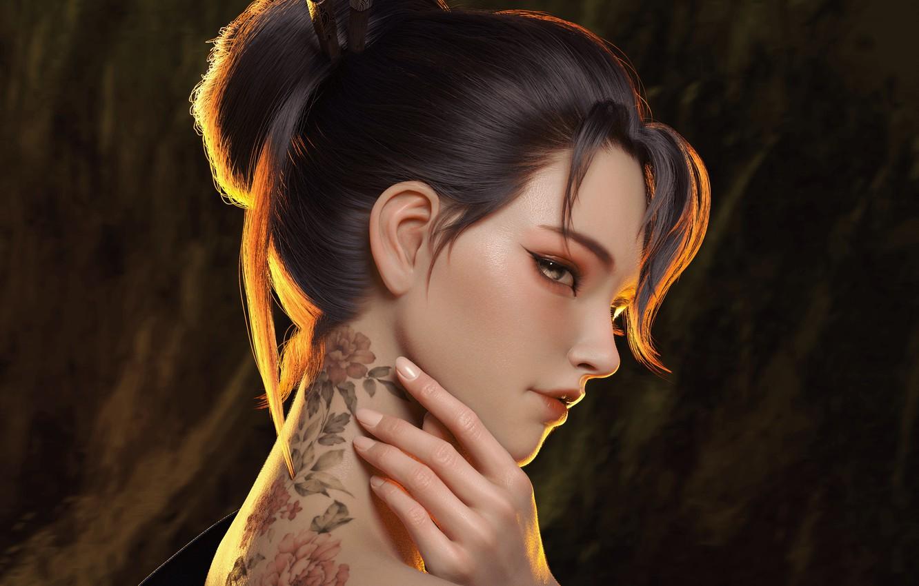1332x850 Wallpaper look, girl, Japanese, hand, tattoo, art image for desktop, section арт