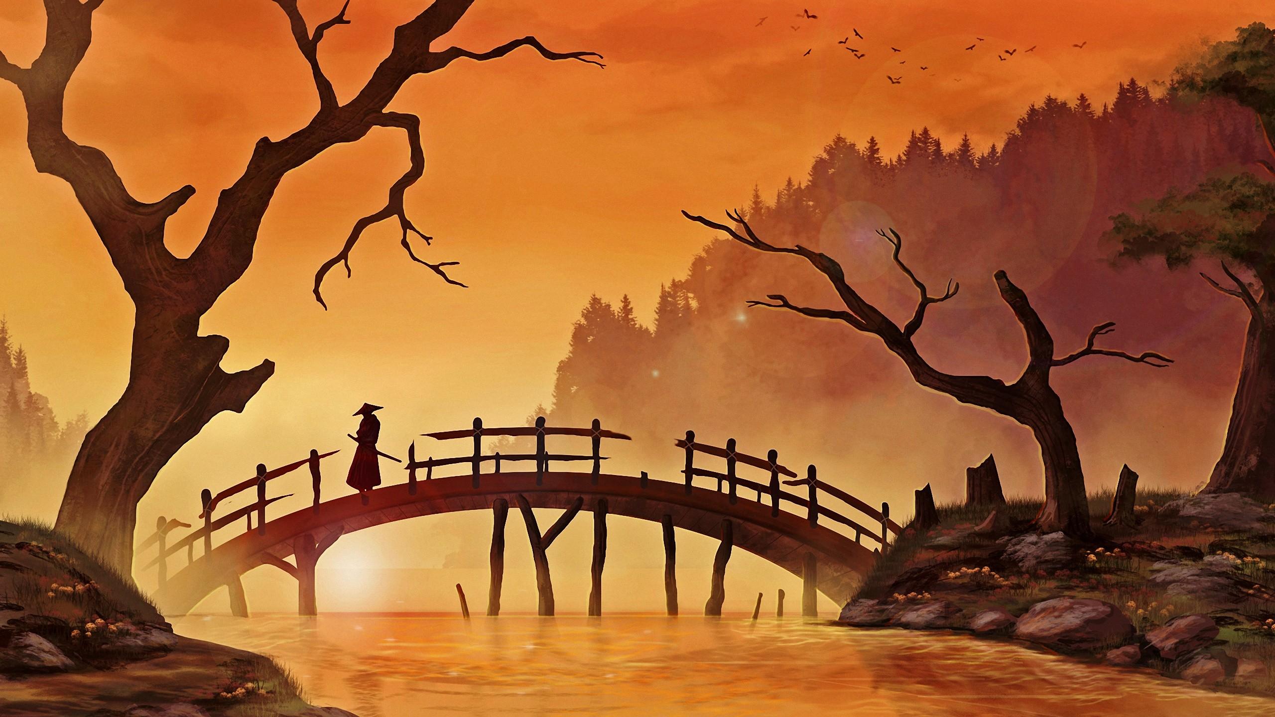 2560x1440 Digital Art Nature Trees Forest Painting Japanese Wood Water River Grass Sunlight Samurai Men Silhou Wallpaper:2560x1440