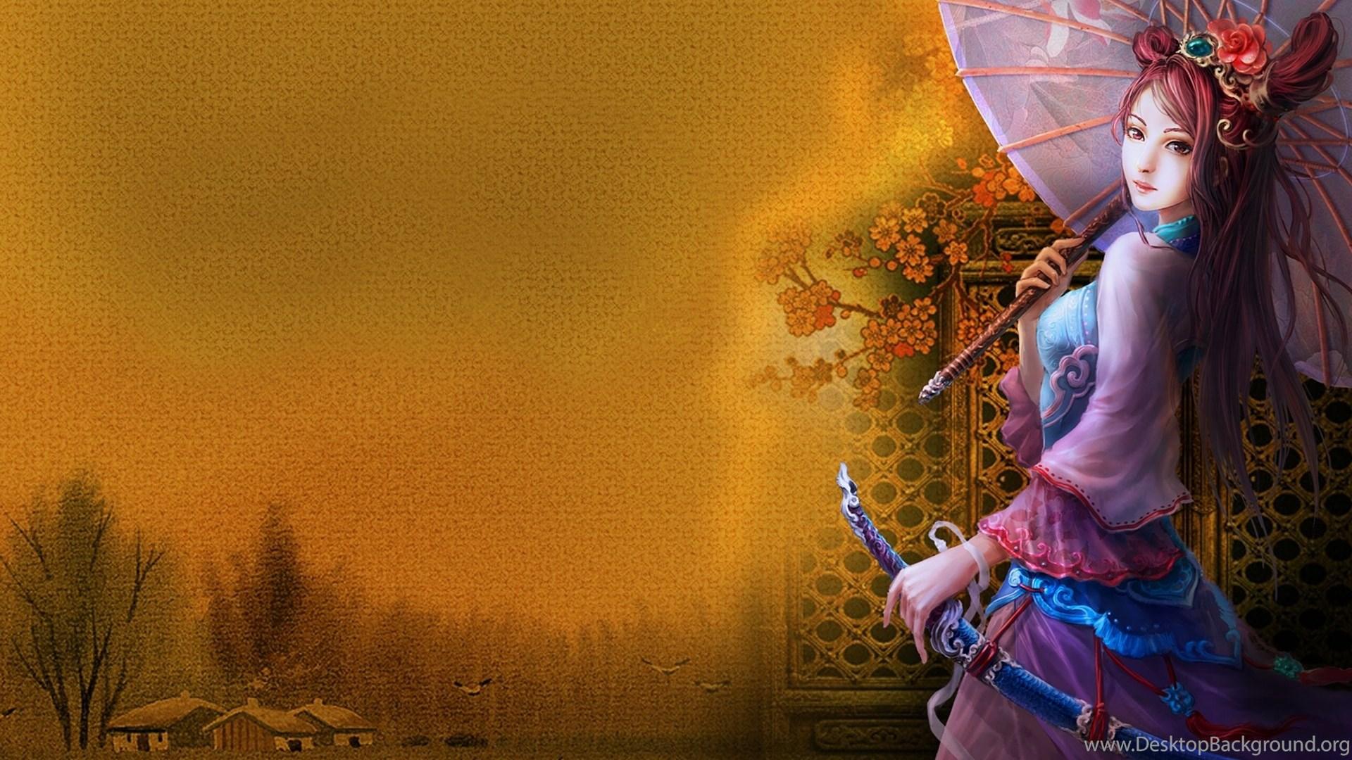1920x1080 Girl Umbrella Kimono Japan Original Women Art Wallpaper. Desktop Background