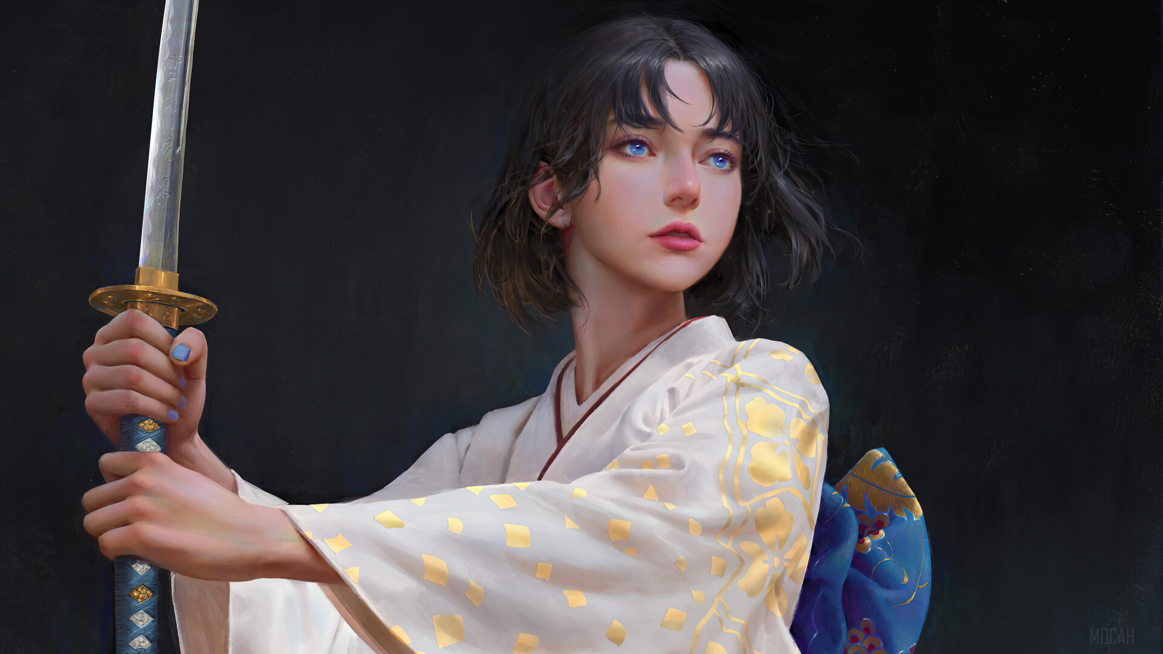 3840x2160 Japanese, Girls, Kimono, Katana, Anime, Art 4k wallpaper HD Wallpaper