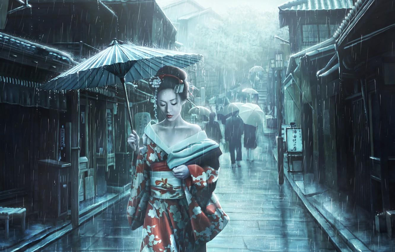 1332x850 Wallpaper Girl, Japan, Street, Rain, Asian, Umbrella, Umbrella, Japan, Geisha, Japanese, Art, Illustration, The shower, Characters, Memoirs of a Geisha, Japanese art image for desktop, section арт