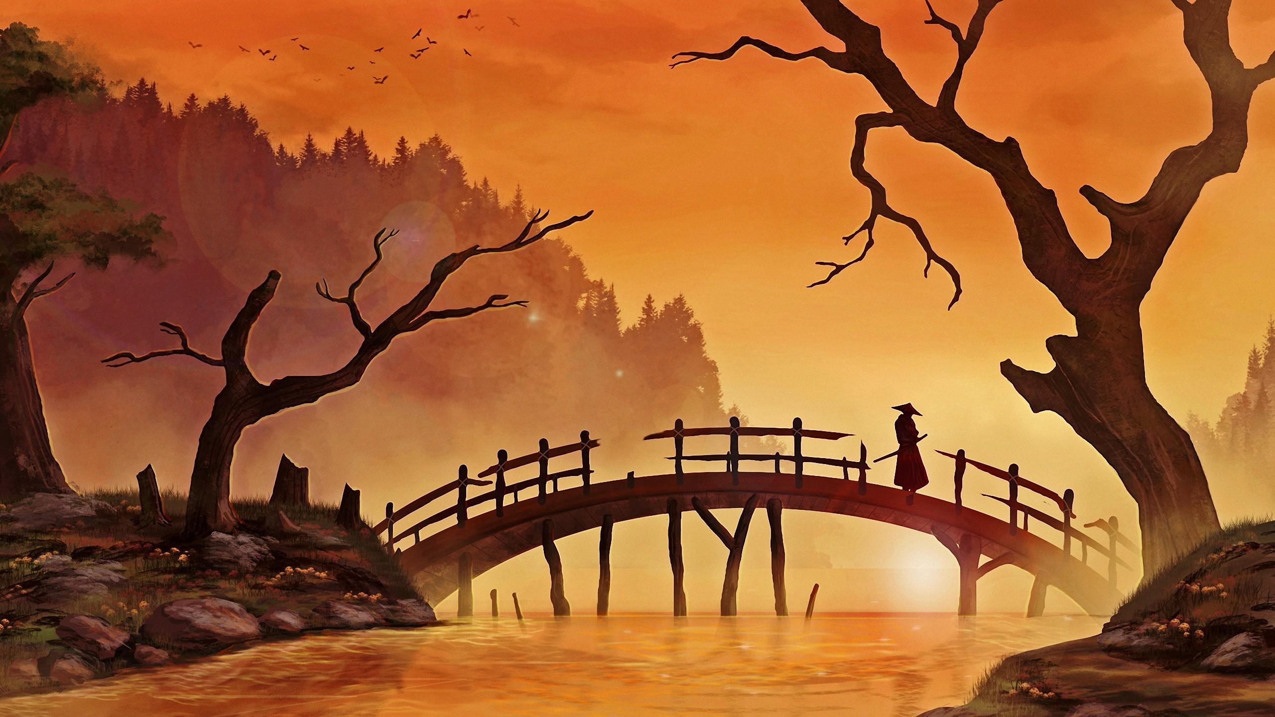 2560x1440 digital art nature trees forest painting japanese branch bridge wood water river grass sunlight samurai men silhouette birds hill katana wallpaper