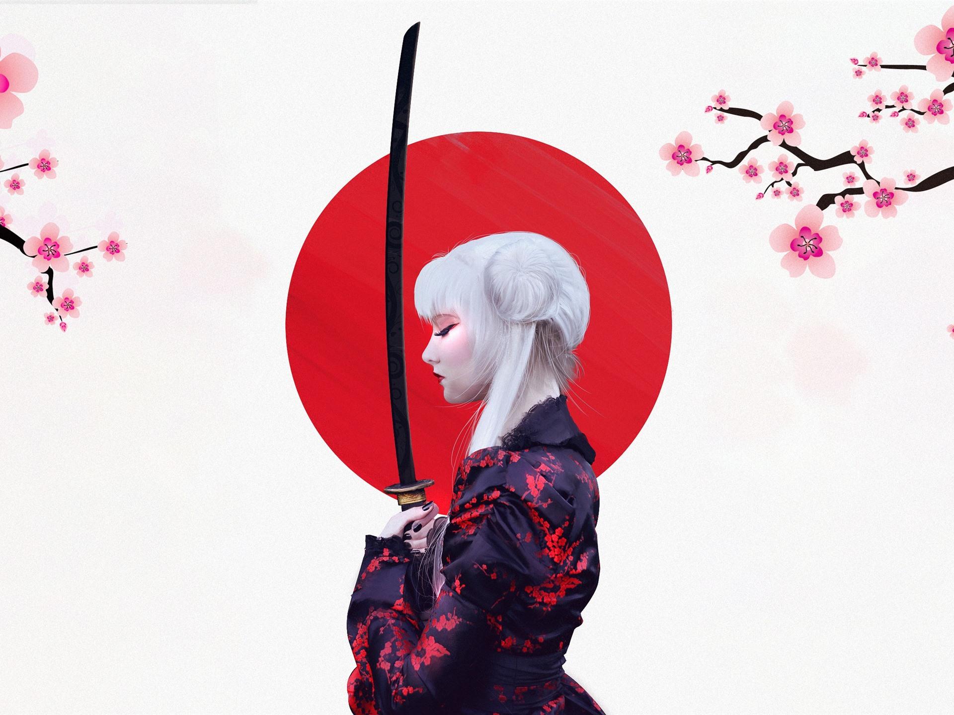 1920x1440 Wallpaper Japanese girl, kimono, sakura, sword, art picture 2560x1600 HD Picture, Image