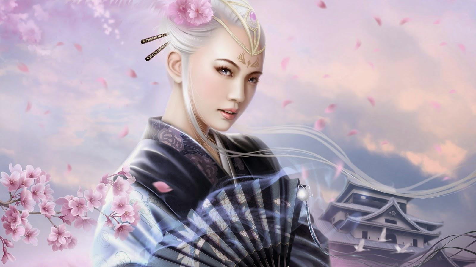 1600x900 3D Art Wallpaper HD Free DeksD Art Wallpaper: Anime Girl With Japanese Fan Wallpaper
