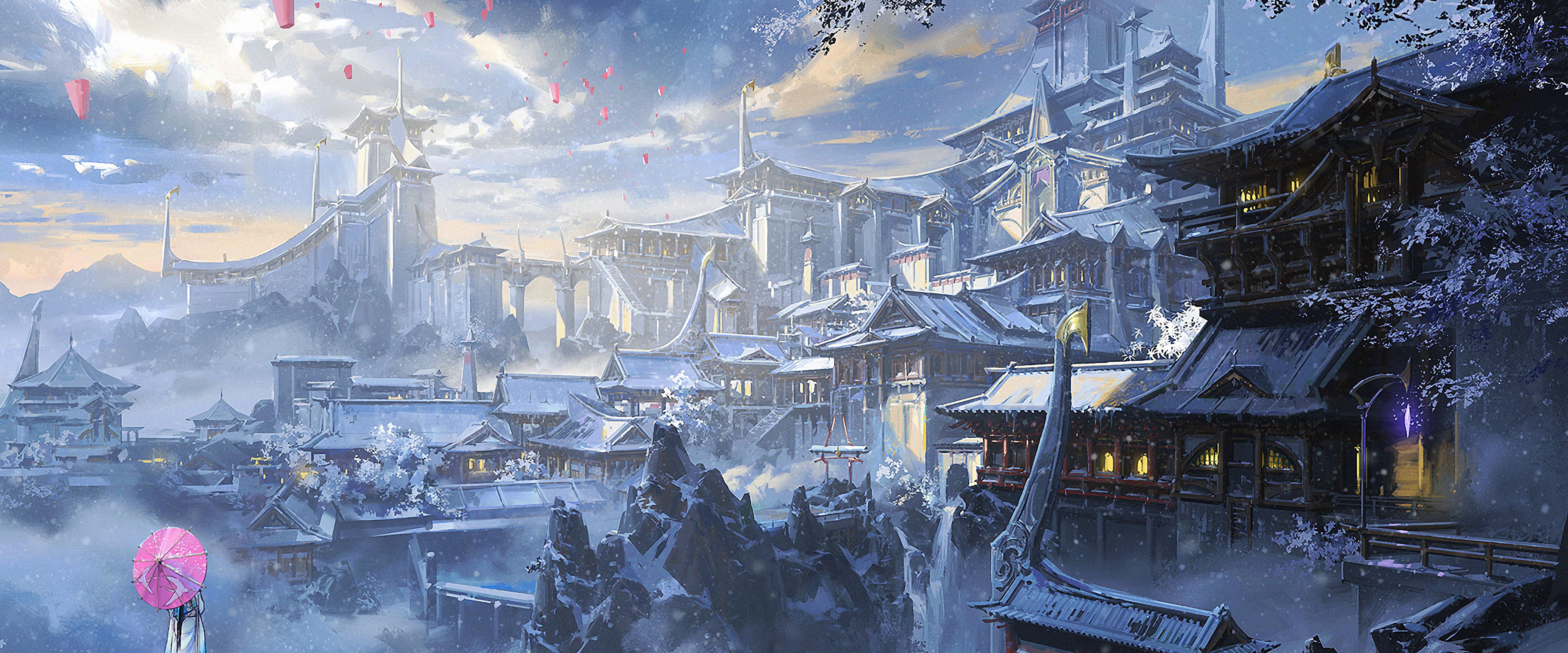 7680x3200 Japanese Castle Fantasy Art 4K Wallpaper