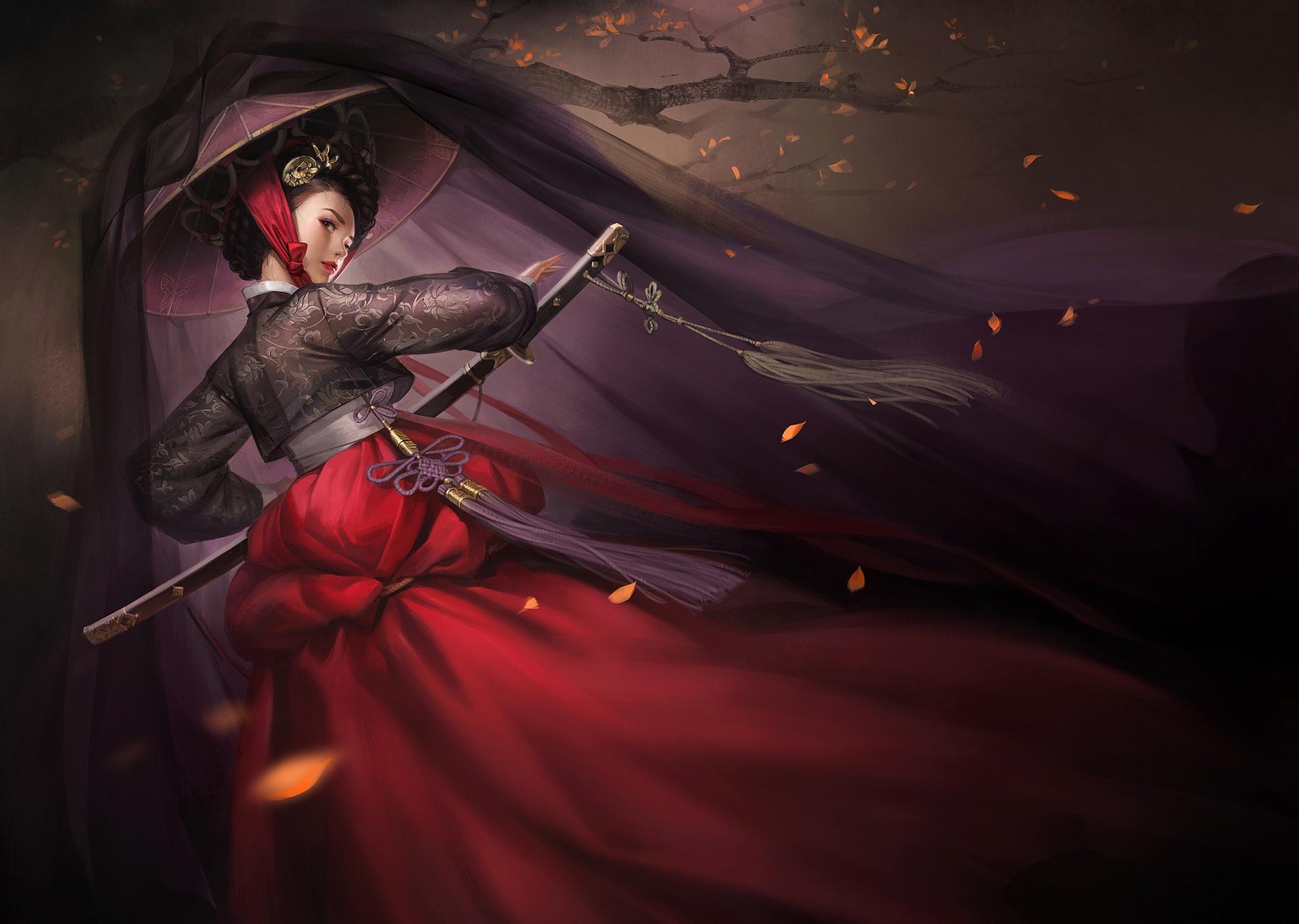 1920x1366 Art, weapons, art, leaves, japan, girl, tree, fantasy, view