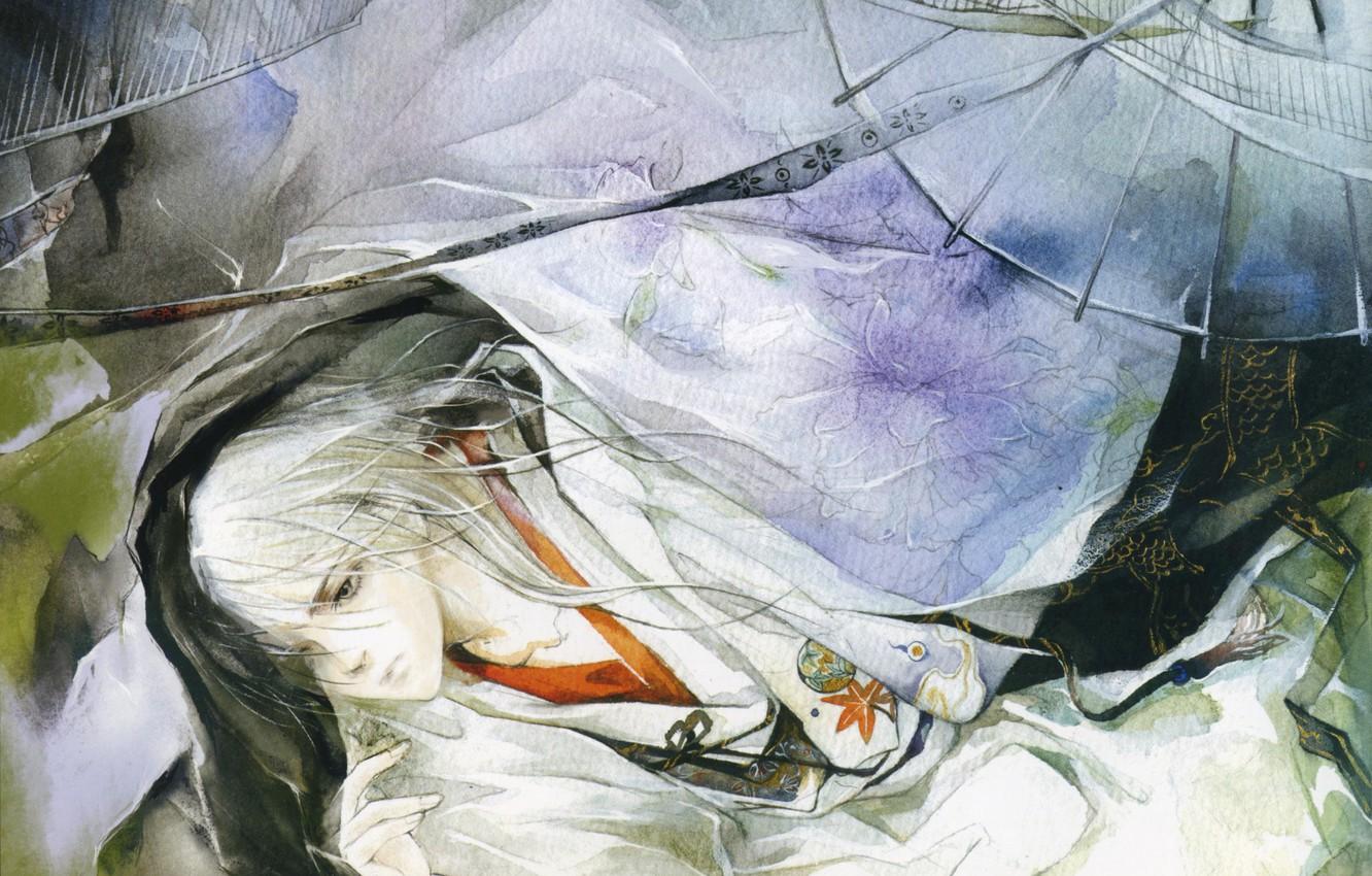1332x850 Wallpaper umbrella, watercolor, guy, Japanese clothing, art, Eno, rusnok, long white hair image for desktop, section живопись