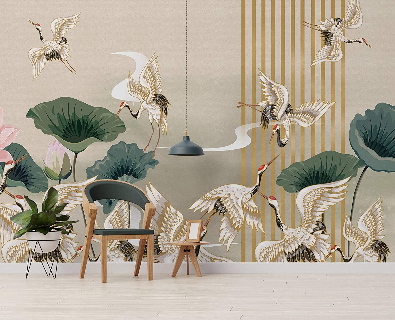1500x1217 Murwall Art Wallpaper Chinese Crane Birds Wall Mural Lotus Floral Wall Print Asian Style Home Decor Japanese Cafe Design : Handmade Products