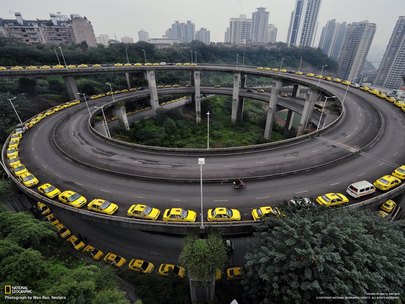 1600x1200 China, circles, spiral, National Geographic, roads, taxi, race