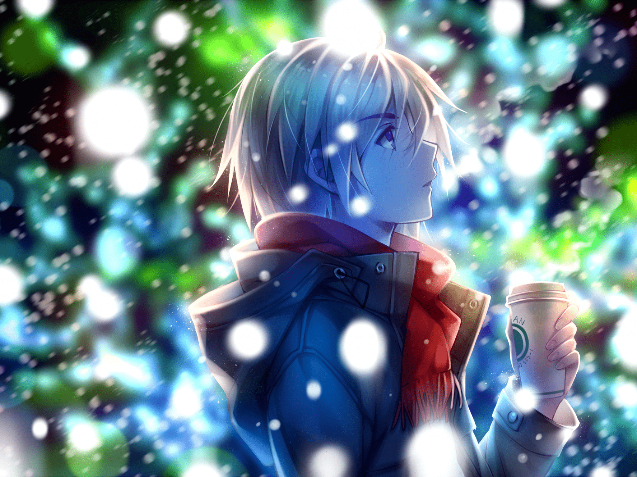 2048x1536 Download 2048x1536 Anime Boy, Profile View, Red Scarf, Winter, Snow, Coffee Wallpaper for Ainol Novo 9 Spark