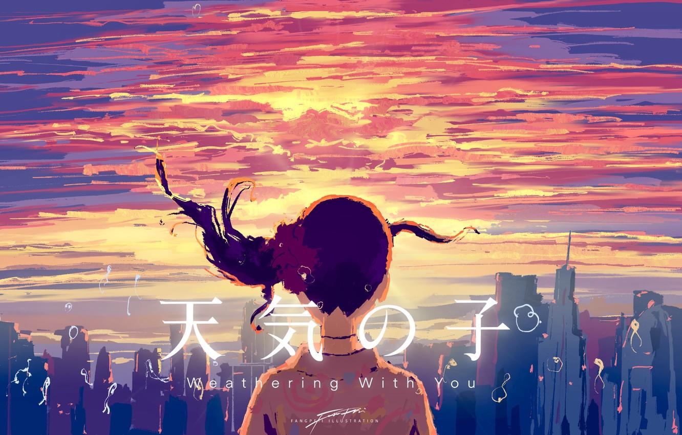 1332x850 Wallpaper the sky, girl, sunset, the city, Hina Amano, Tenki no Ko image for desktop, section арт