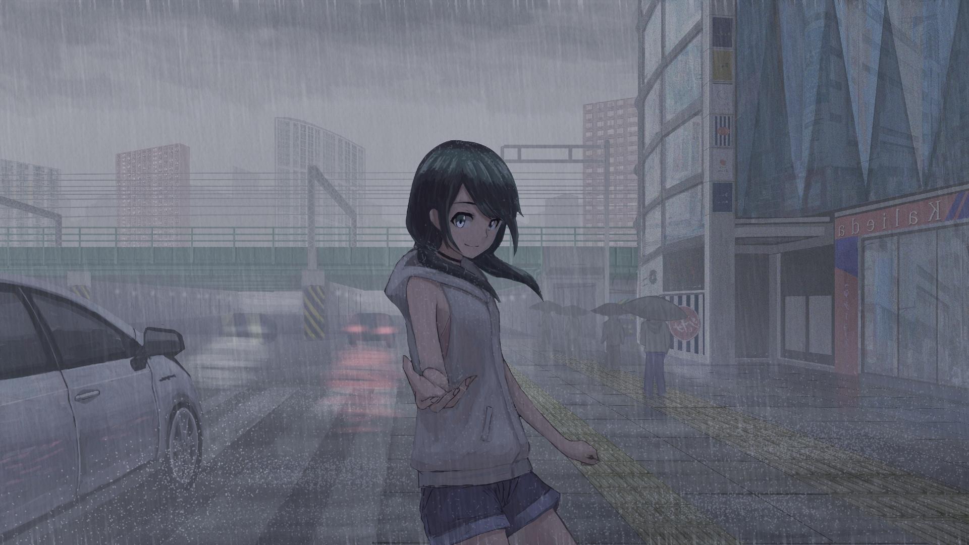 1920x1080 Wallpaper People, Amano Hina, Road, Short Hair, Tenki No Ko, Raining, Smiling:1920x1080