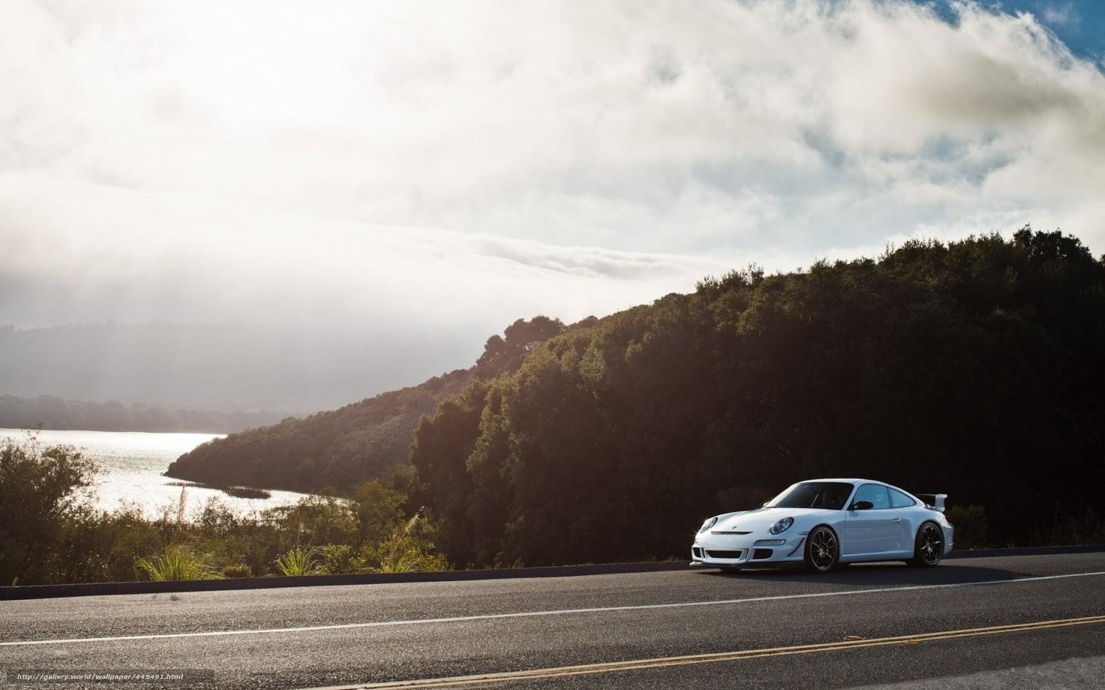 1600x1000 Download wallpaper Porsche, white, side view, road free desktop wallpaper in the resolution 1680x1050