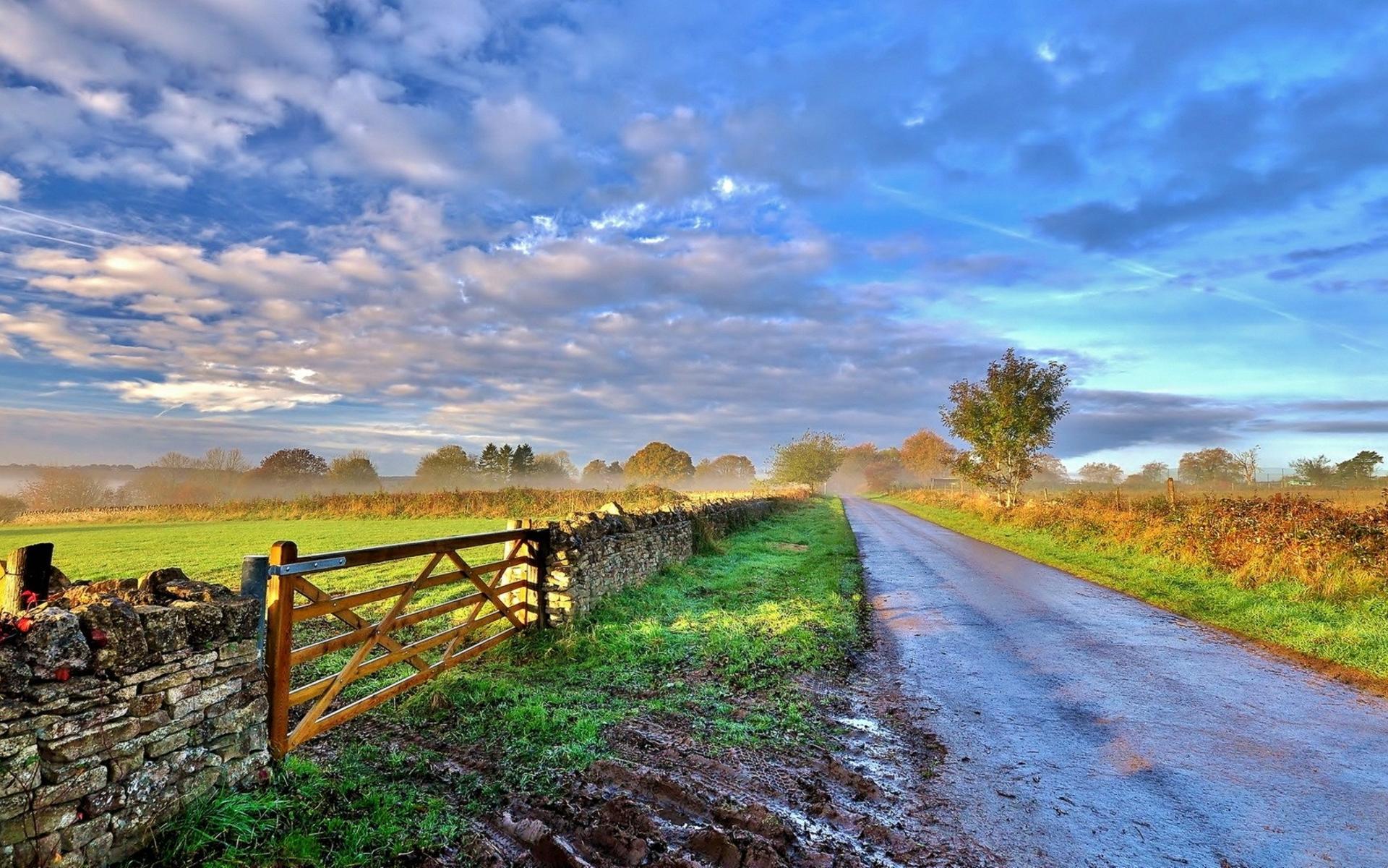 1920x1200 Sunrise over the country side road and fence