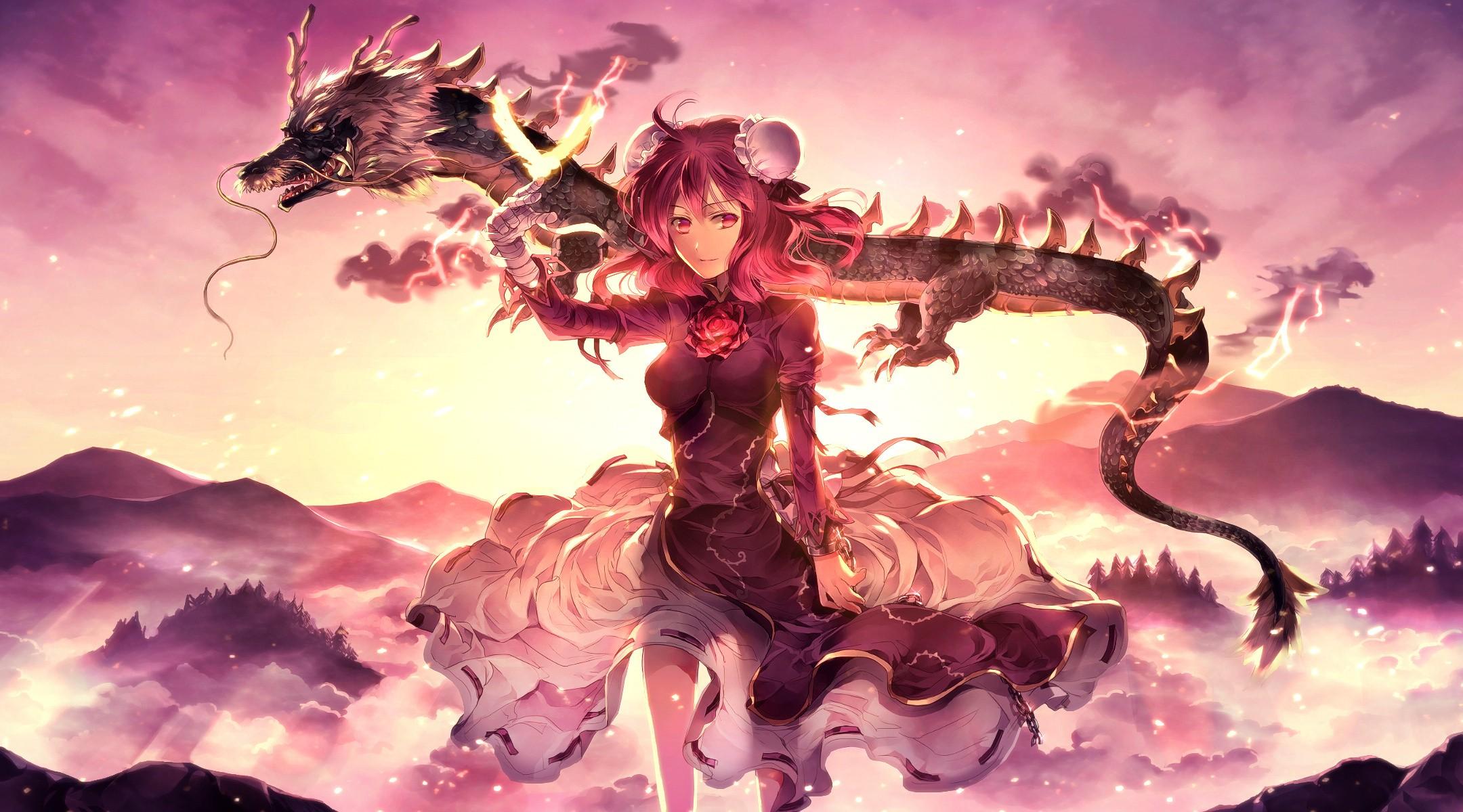 2160x1200 #pink hair, #phoenix, #landscape, #dragon, #anime, #Touhou, #Ibaraki Kasen, #bandage, #dress, #anime girls, #bangs, #ribbon, #pink eyes, #video games, #long hair, #hair ornament, wallpaper HD Wallpaper