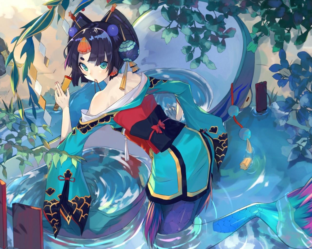 1280x1024 Download 1280x1024 Anime Girl, Mermaid, Onmyouji, Short Hair, Japanese Clothes Wallpaper