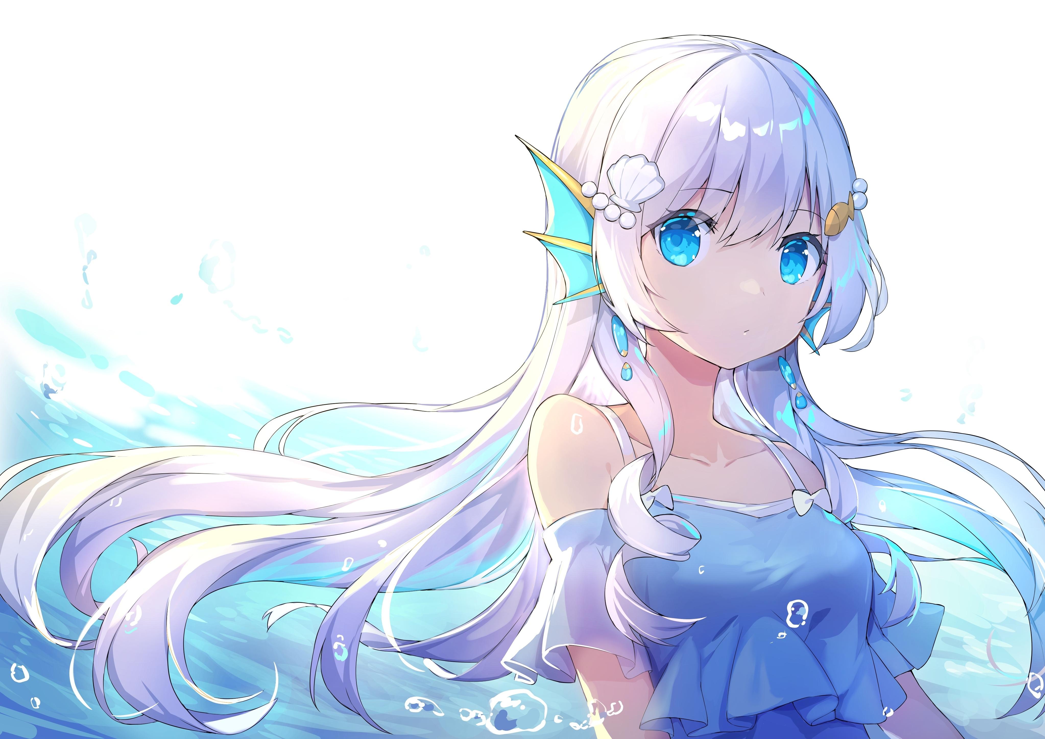 4093x2894 Wallpaper Cute, Mermaid Anime Girl, White Hair, Water Bubbles, Aqua Eyes:4093x2894