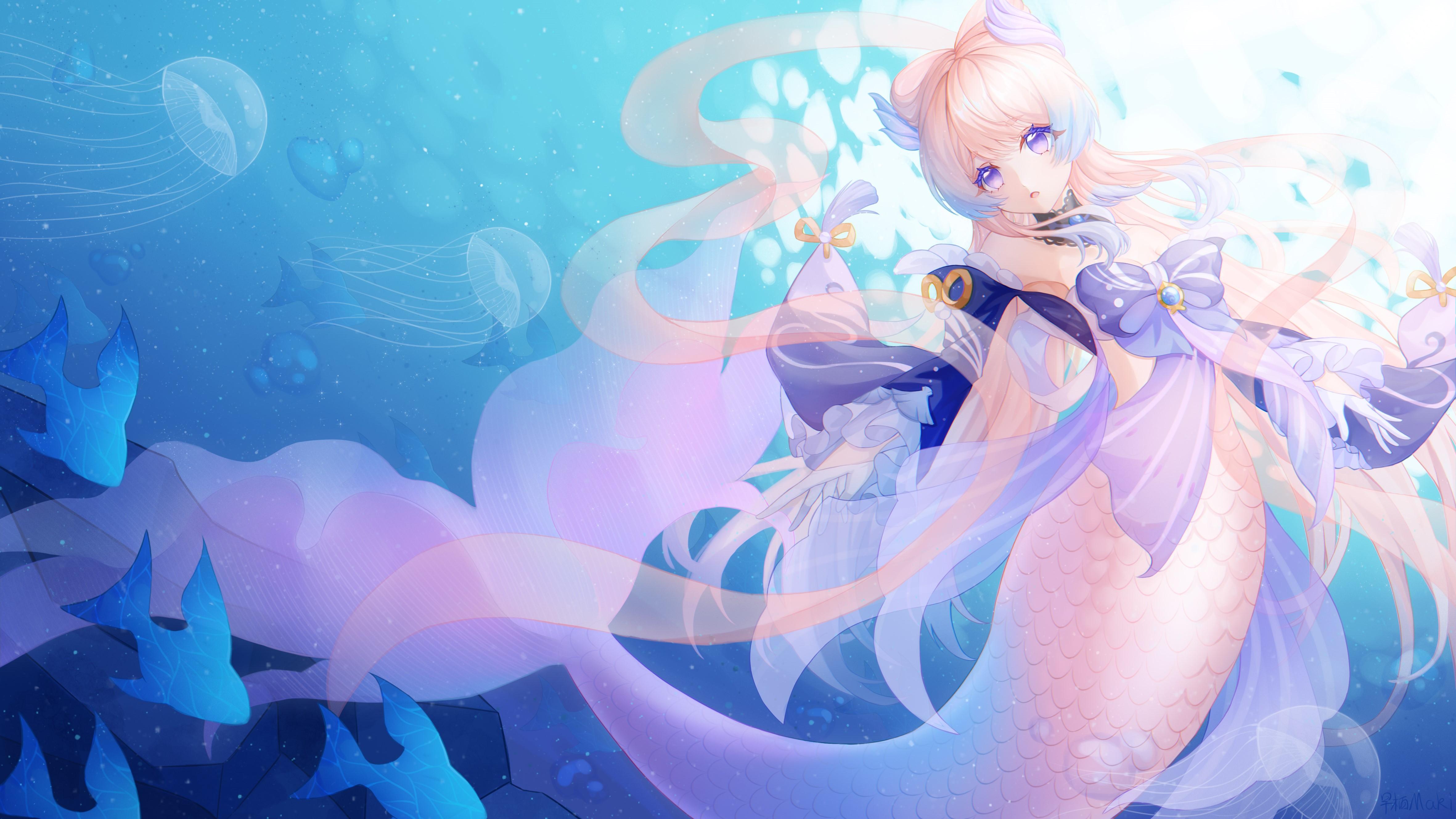 4724x2657 4K, monster girl, long hair, anime, mermaids, Genshin Impact, purple eyes, fish, underwater, Nalukikiki, blonde, anime girls, creature, artwork, Sangonomiya Kokomi (Genshin Impact), sea life, cyan background HD Wallpaper