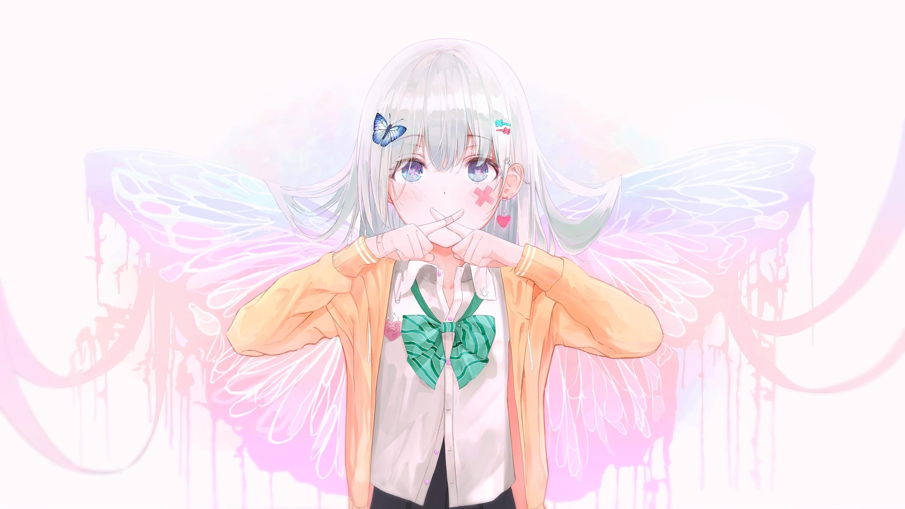 3500x1969 Wallpaper School Uniform, Blue Eyes, Anime Fairy Girl, Wings, Gray Hair:3500x1969