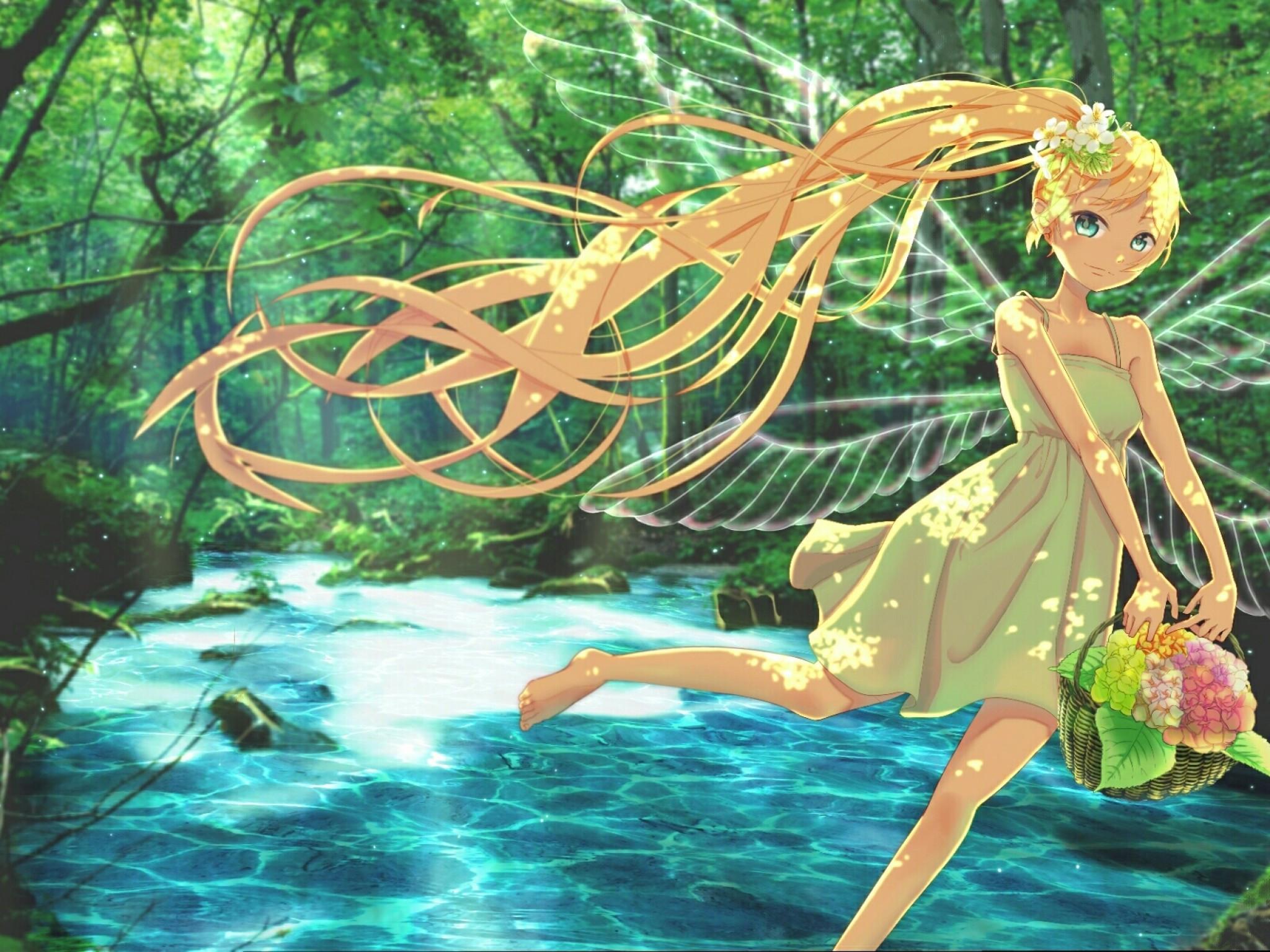2048x1536 Download 2048x1536 Anime Fairy Girl, Blonde, Wings, Flower Basket, Pretty, Forest, Stream Wallpaper for Ainol Novo 9 Spark