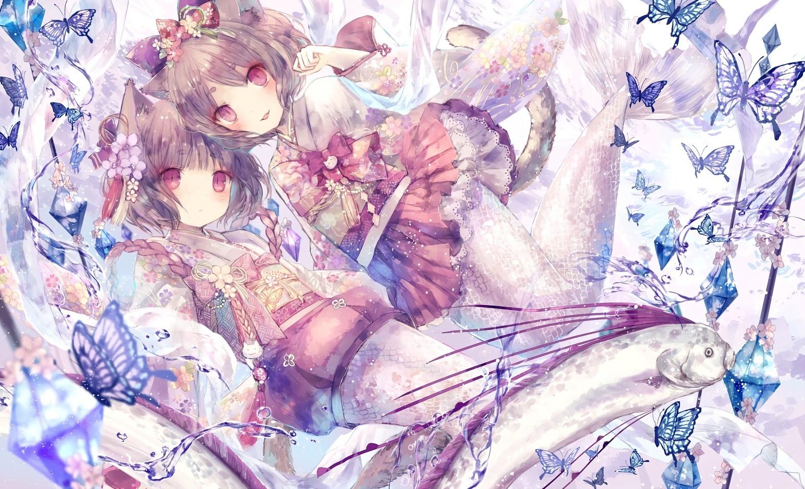 1578x960 Wallpaper Braid, Short Hair, Mermaids, Animal Ears, Anime Girls, Kimono:1578x960